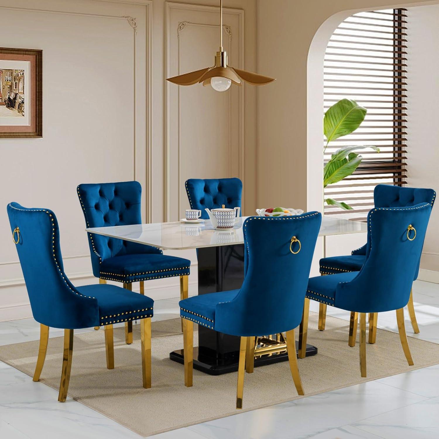 Deep Blue Velvet Upholstered Dining Chairs with Gold Legs, Set of 6