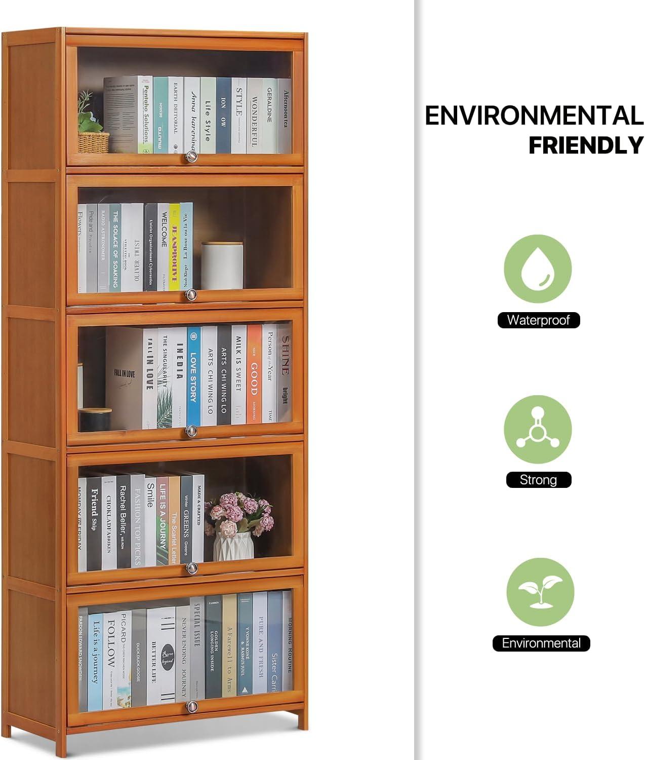 Magshion Bamboo/Acrylic 3 Shelves Bookshelf, with Transparent Door Bookcase, Brown, for Home