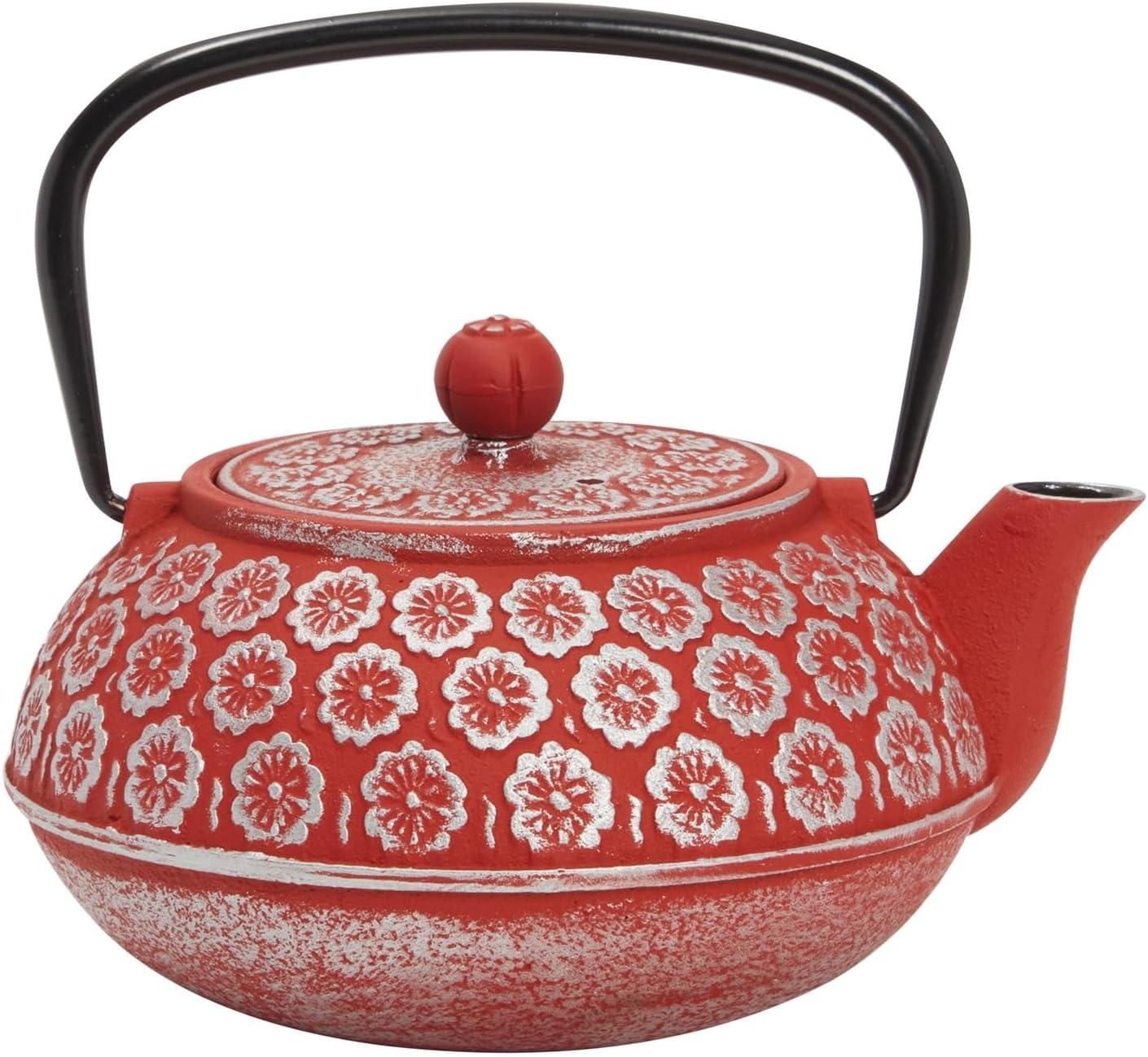 Juvale Green Cast Iron Floral Teapot Kettle with Stainless Steel Infuser Set, Japanese Tea Pot for Kitchen Pantry, 34 oz