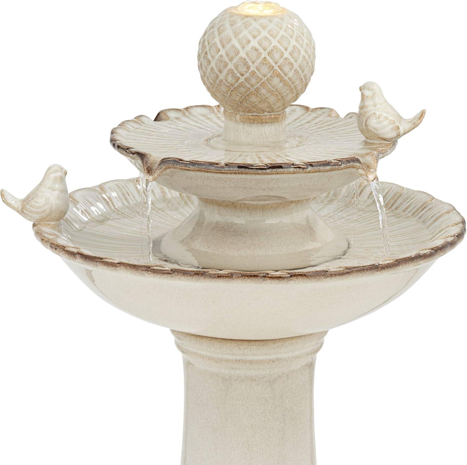 Cream Ceramic 2-Tier LED Outdoor Floor Fountain with Bird Statuette