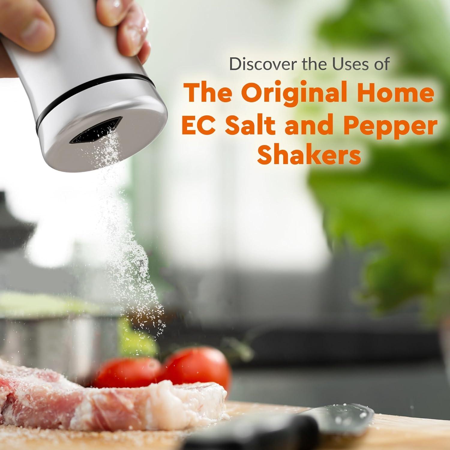 Home EC Salt and Pepper Shakers Set with Adjustable Pour Holes - Made of Elegant Stainless Steel and BPA Free Glass