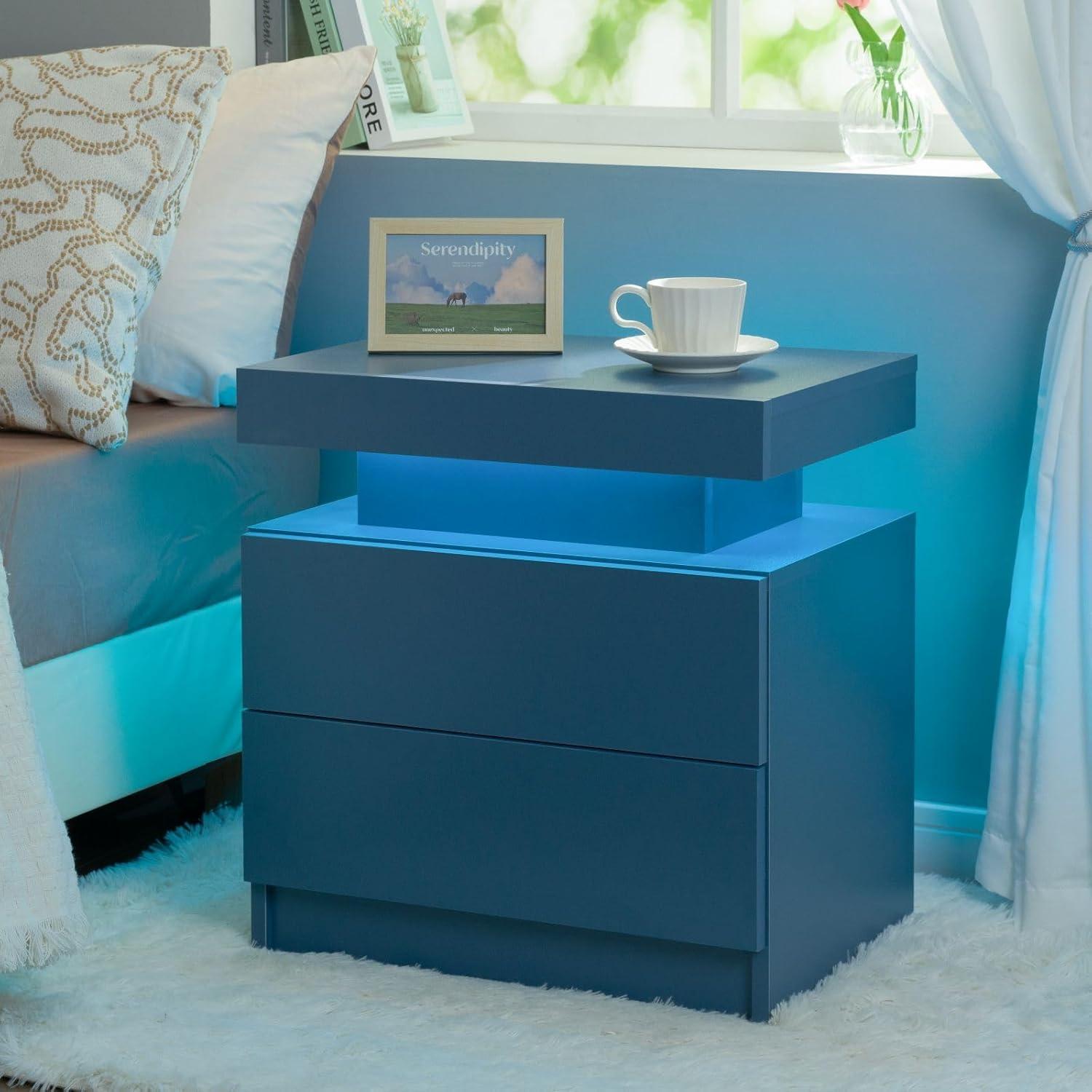 Blue Particle Board Nightstands with LED Lights and 2 Drawers