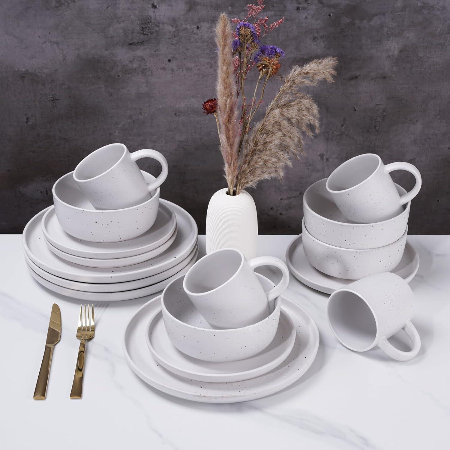 Elanze Designs Shiny Speckled Ceramic Dinnerware 16 Piece Set - Service for 4, White