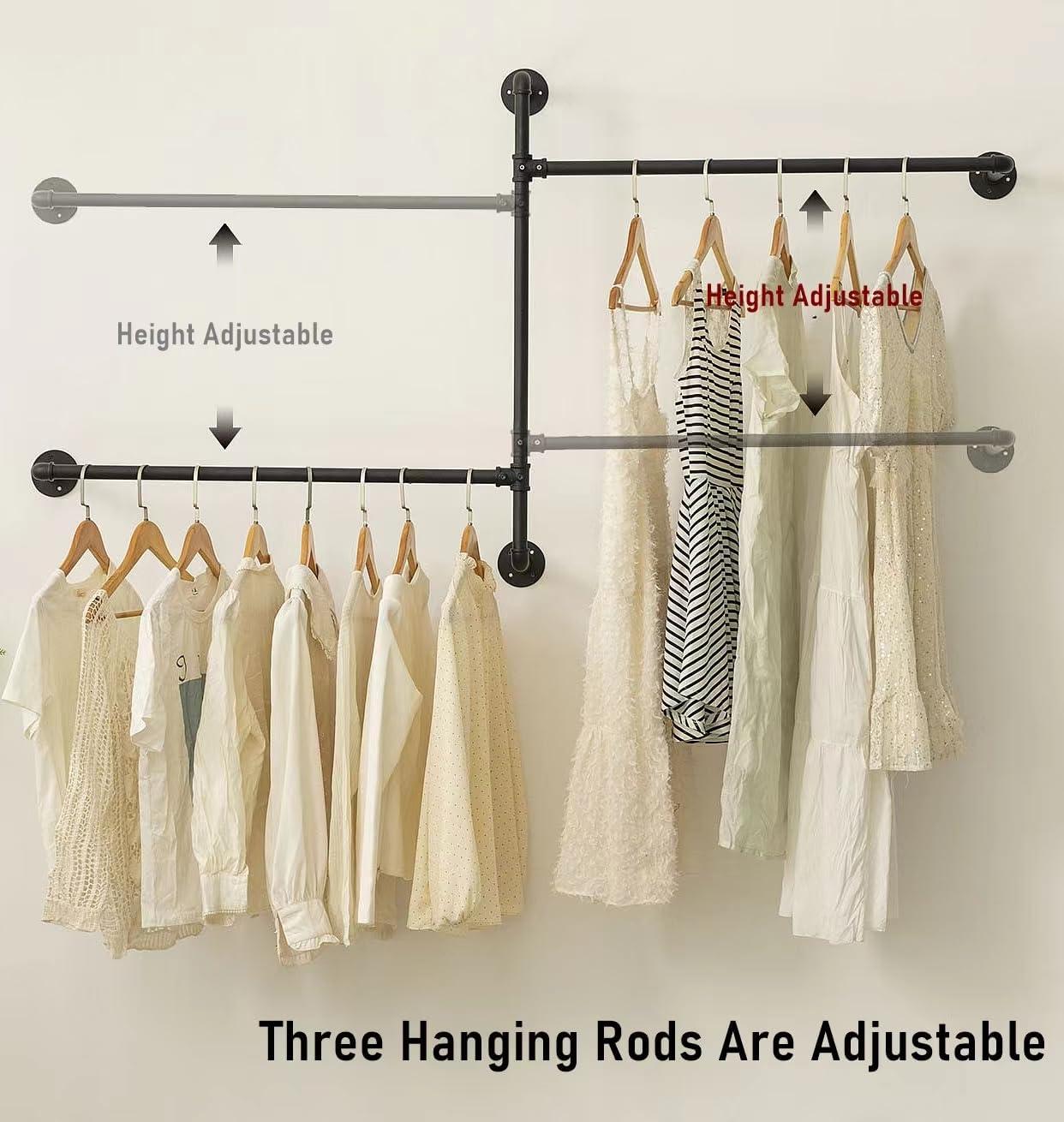 Industrial Pipe Clothes Rack Wall Mounted Clothing Rack,Heavy Duty Iron Pipe Garment Rods,Detachable Multi-Purpose Clothing Hanging Rod/Garment Bar, Black