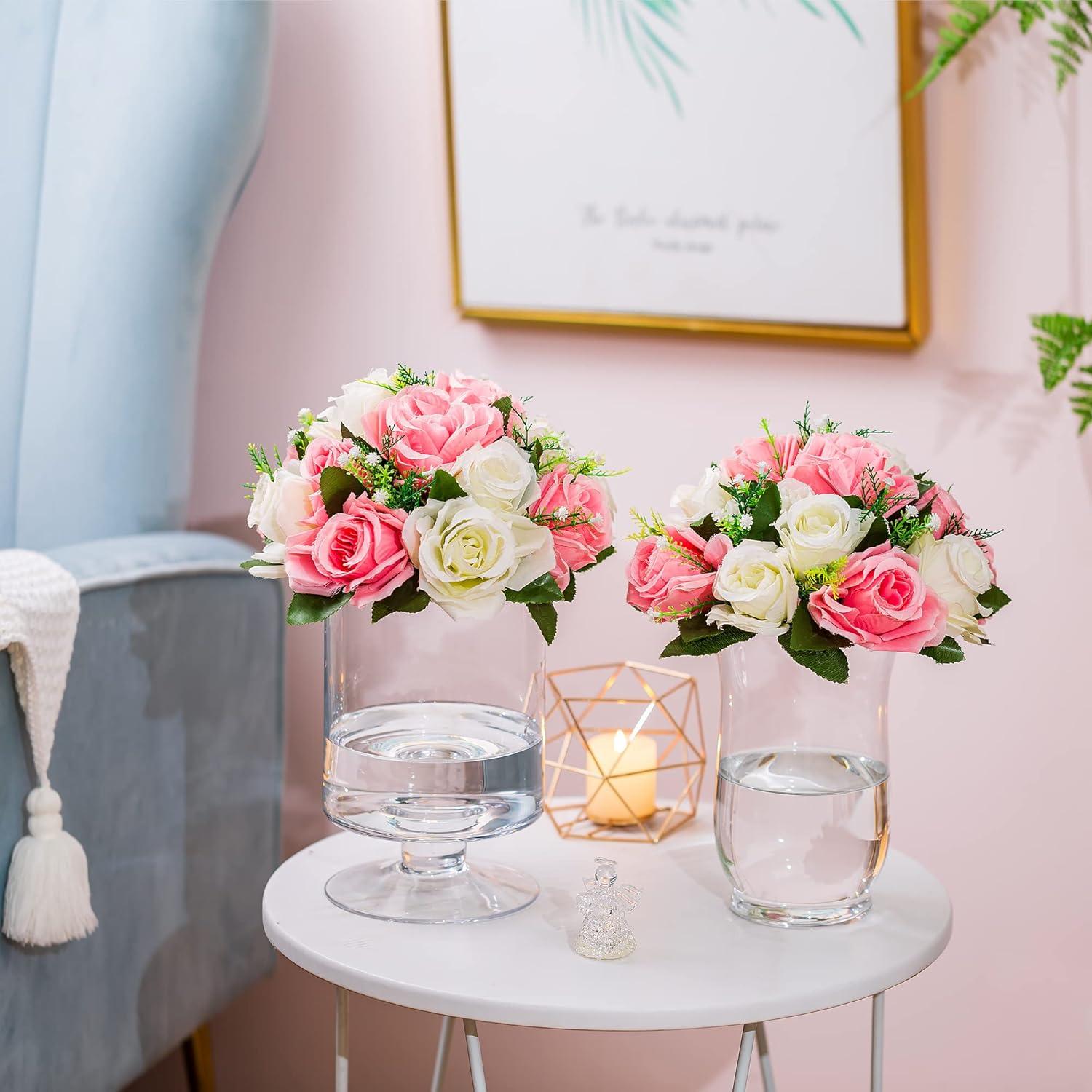 Nuptio Set of 2 Blue&White Artificial Flower Kissing ball, 15 Heads Fake Peony Silk Rose Flowers Bouquet for Centerpiece Wedding Birthday Party Home Table Decor