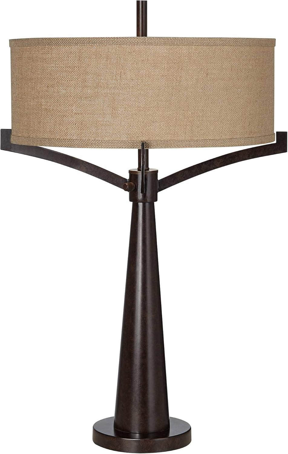 Franklin Iron Works Tremont Industrial Table Lamp 31 1/2" Tall Bronze Metal Burlap Fabric Drum Shade for Bedroom Living Room Bedside Nightstand Office