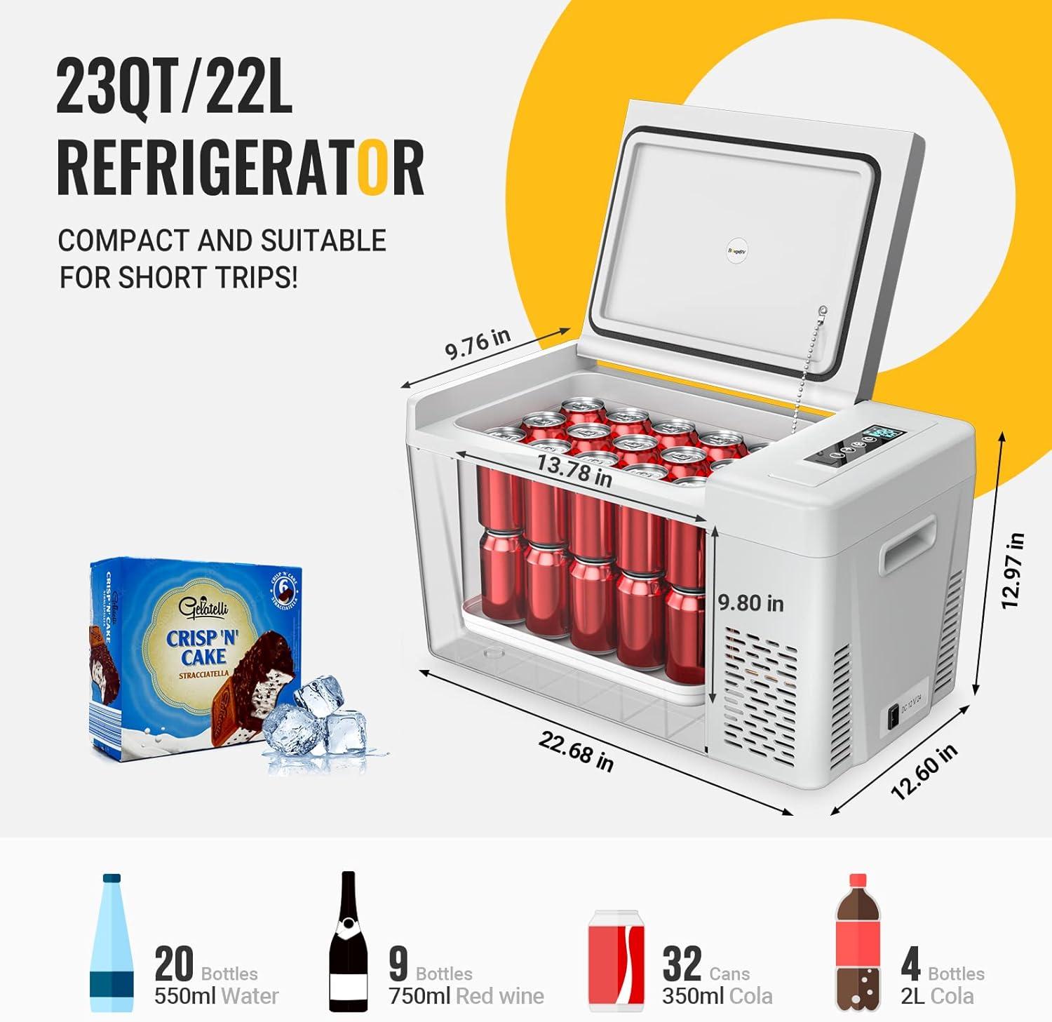 BougeRV Portable Car Refrigerator 23 Qt, 12 Volt Refrigerator Portable Freezer Compressor Cooler with -7℉~50℉ Cooling Range, 12/24V DC 110~240V AC for RV Truck Vehicle Boat Outdoor & Home Use