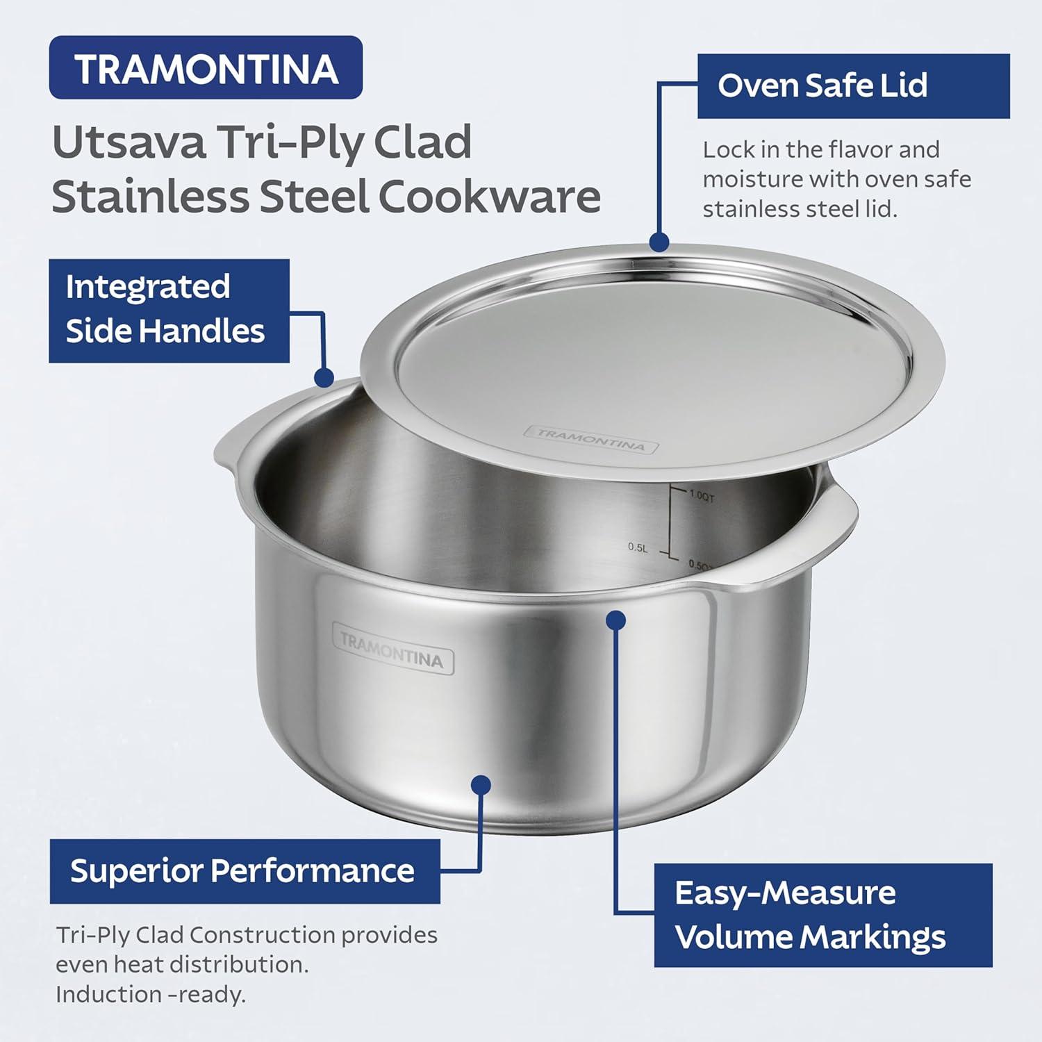 Tramontina Tramontina Utsava Tri-Ply Clad Stainless Steel Tope with Lid, Patila Pot for Indian Cooking