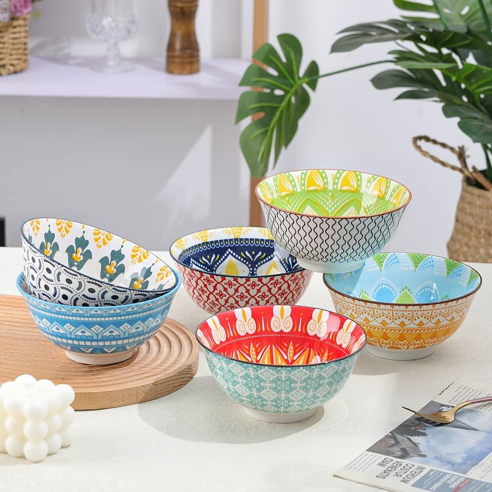 AHX 6 Pack Porcelain Cereal Bowls, 23oz Colorful Salad Soup Bowl,6.25-inch Round Ceramic Serving Bowl Set