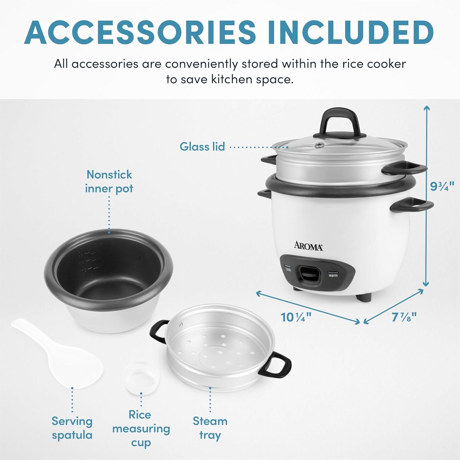 Aroma® 6-Cup (Cooked) / 1.5Qt. Rice & Grain Cooker, White, New, ARC-743-1NG