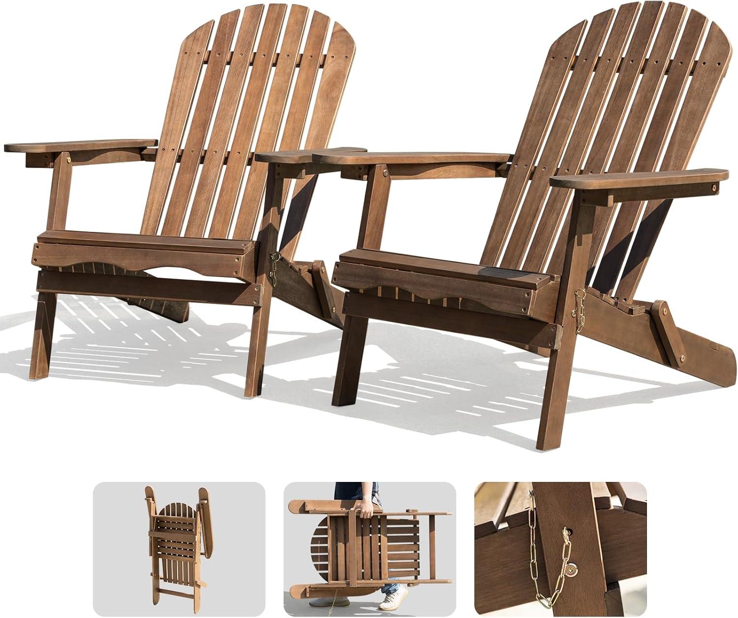 Eucalyptus Wood Foldable Adirondack Chair Set with Cushions