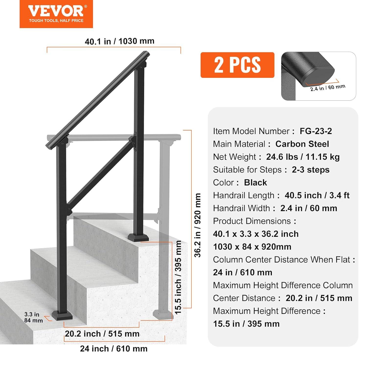 VEVOR Handrails for Outdoor Steps, 2 PCS 2-3 Step Stair Hand Rail Kit, Transitional Carbon Steel Railings with Installation Kit, Stair Rails for Seniors, Concrete & Porch & Deck, Black Square Tube
