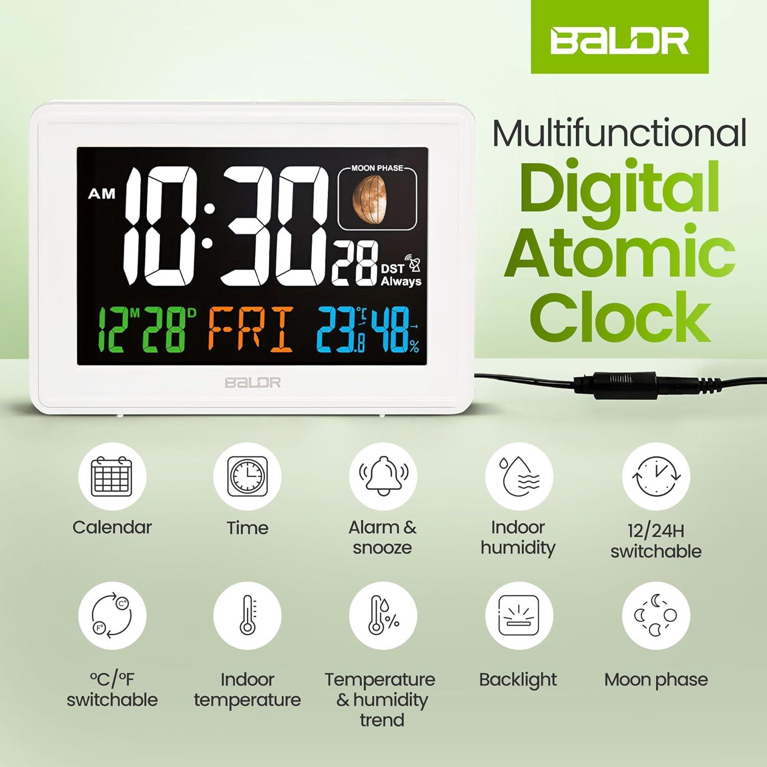 BALDR Atomic Alarm Clock - Large Color Display Digital Desk Clock (White)