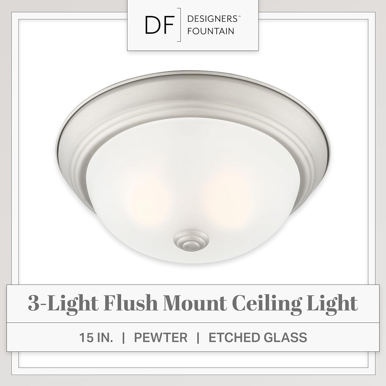 1257L-PW-W-Designers Fountain-15 Inch 3 Light Flush Mount-Pewter Finish-Etched Glass Color