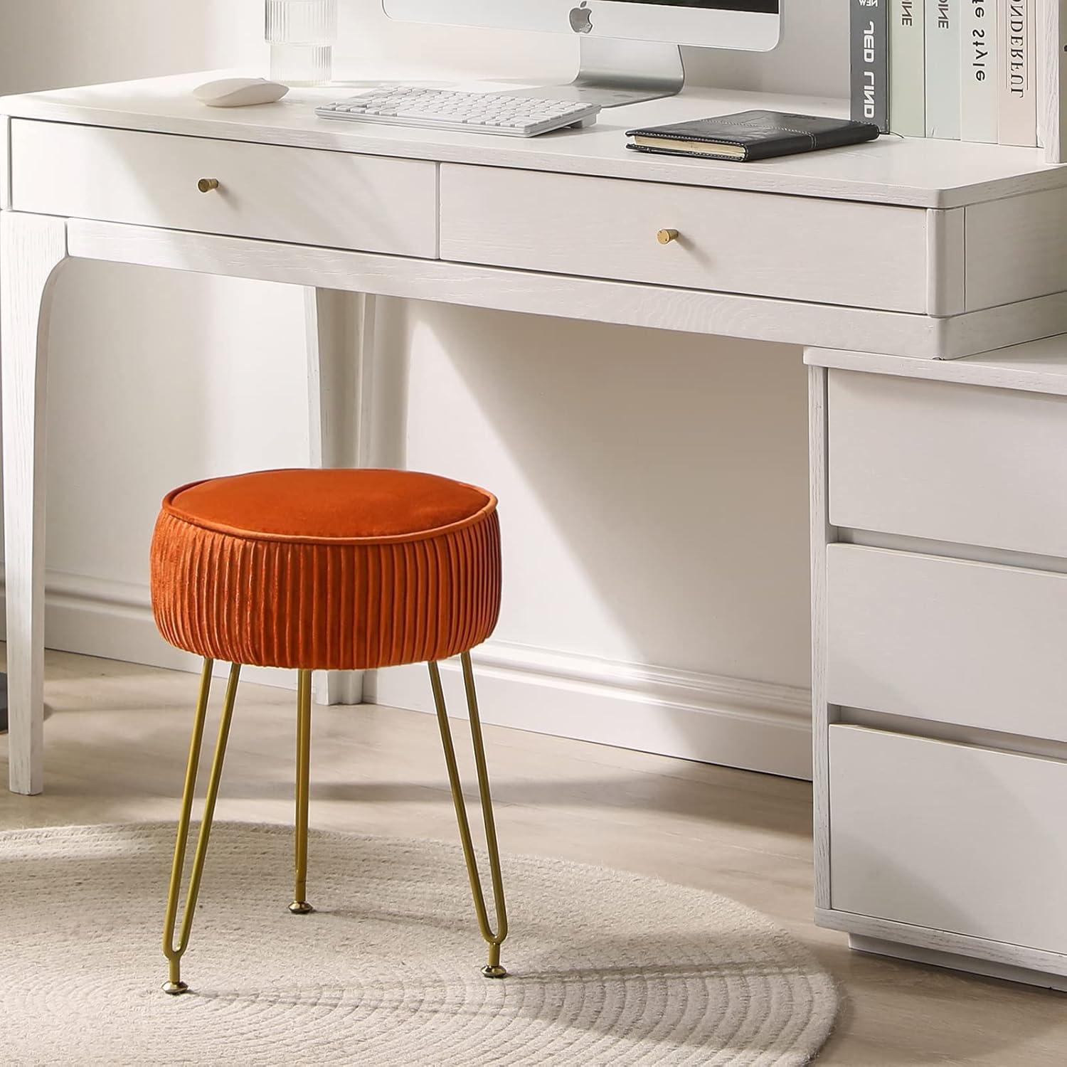 Orange Velvet Round Ottoman with Golden Steel Legs