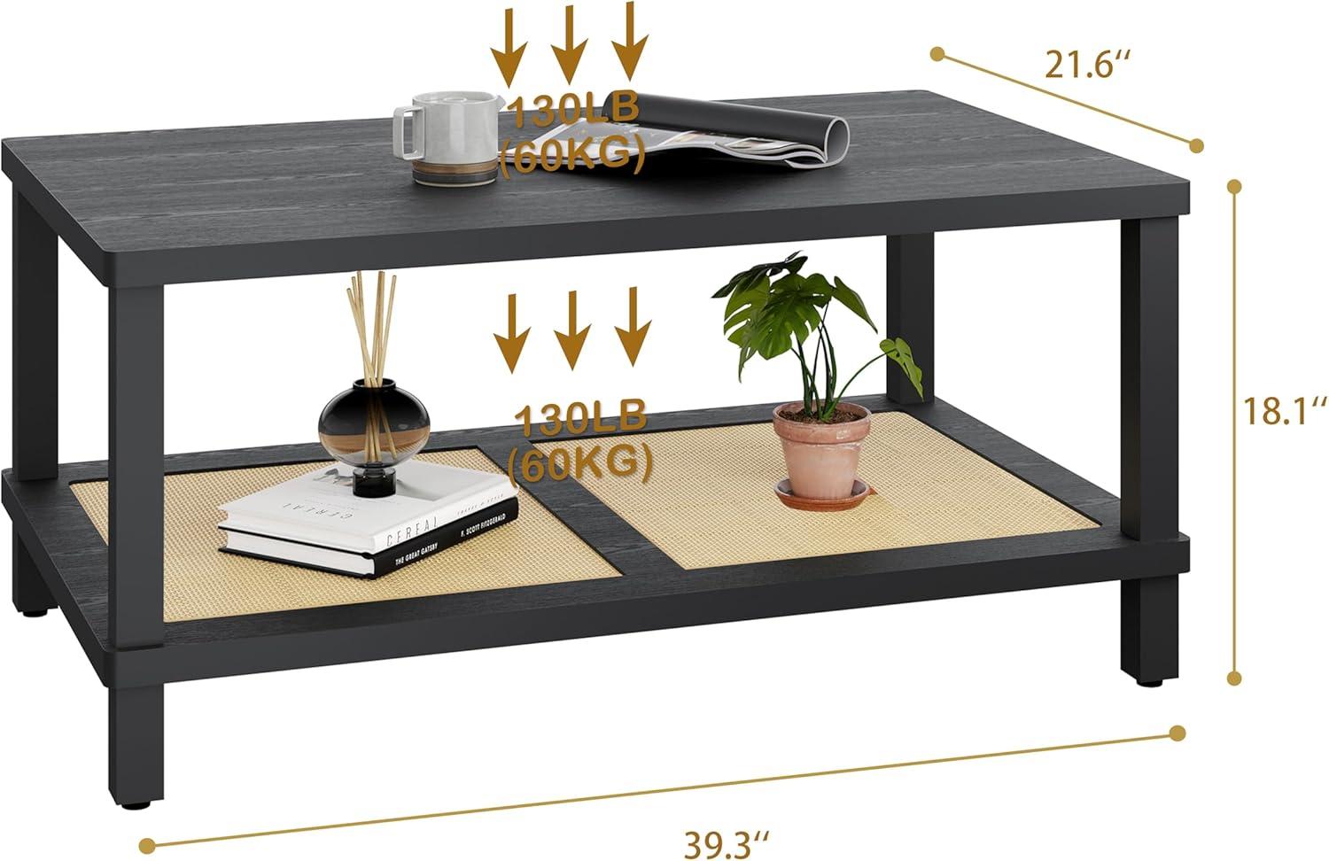 VASAGLE 2-Tier Coffee Table for Living Room, Living Room Table Rectangular Center Table, with PVC Rattan Storage Shelf, Rounded Corners, Easy Assembly, Boho Style, Ash Black ULCT240B21