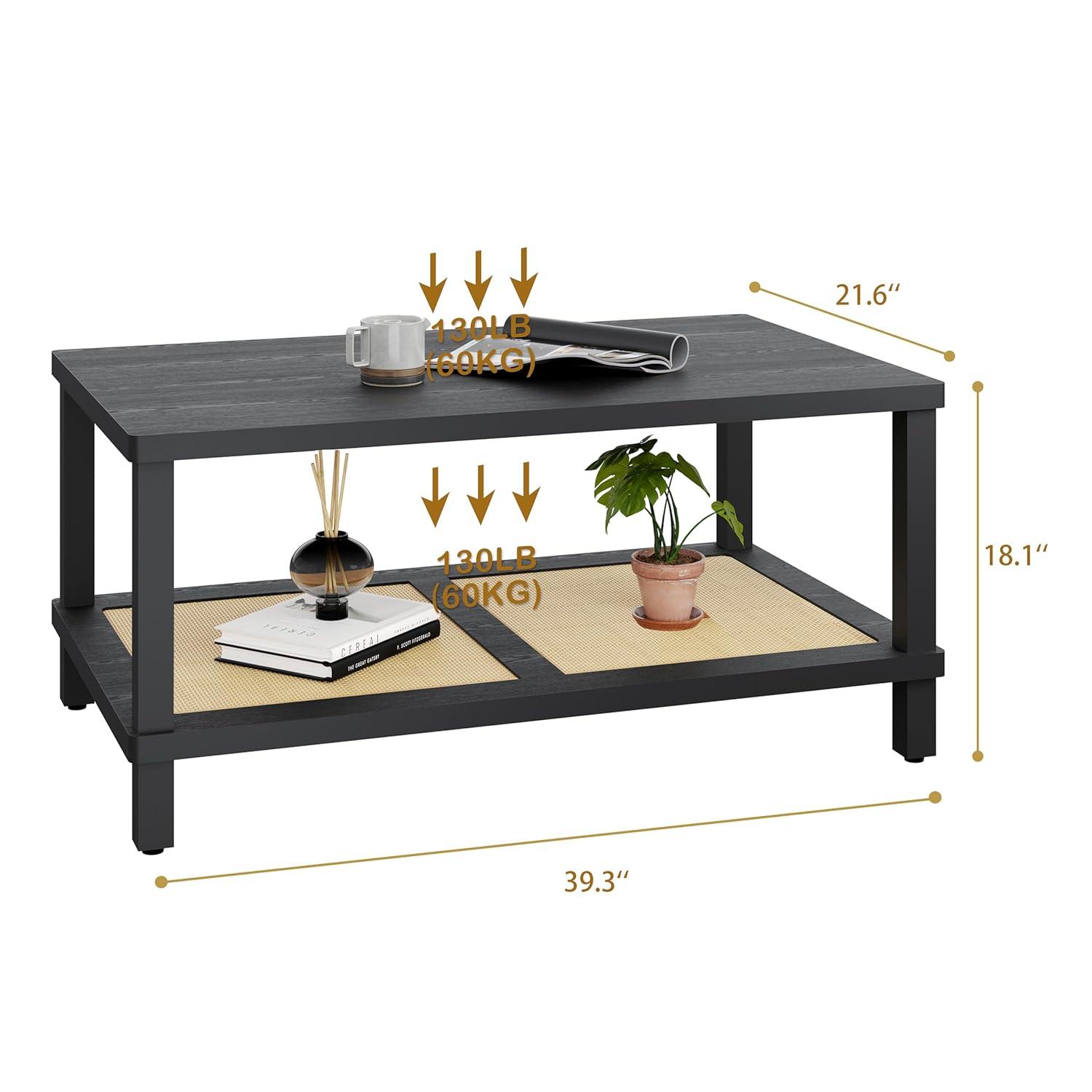 VASAGLE 2-Tier Coffee Table for Living Room, Living Room Table Rectangular Center Table, with PVC Rattan Storage Shelf, Rounded Corners, Easy Assembly, Boho Style, Ash Black ULCT240B21