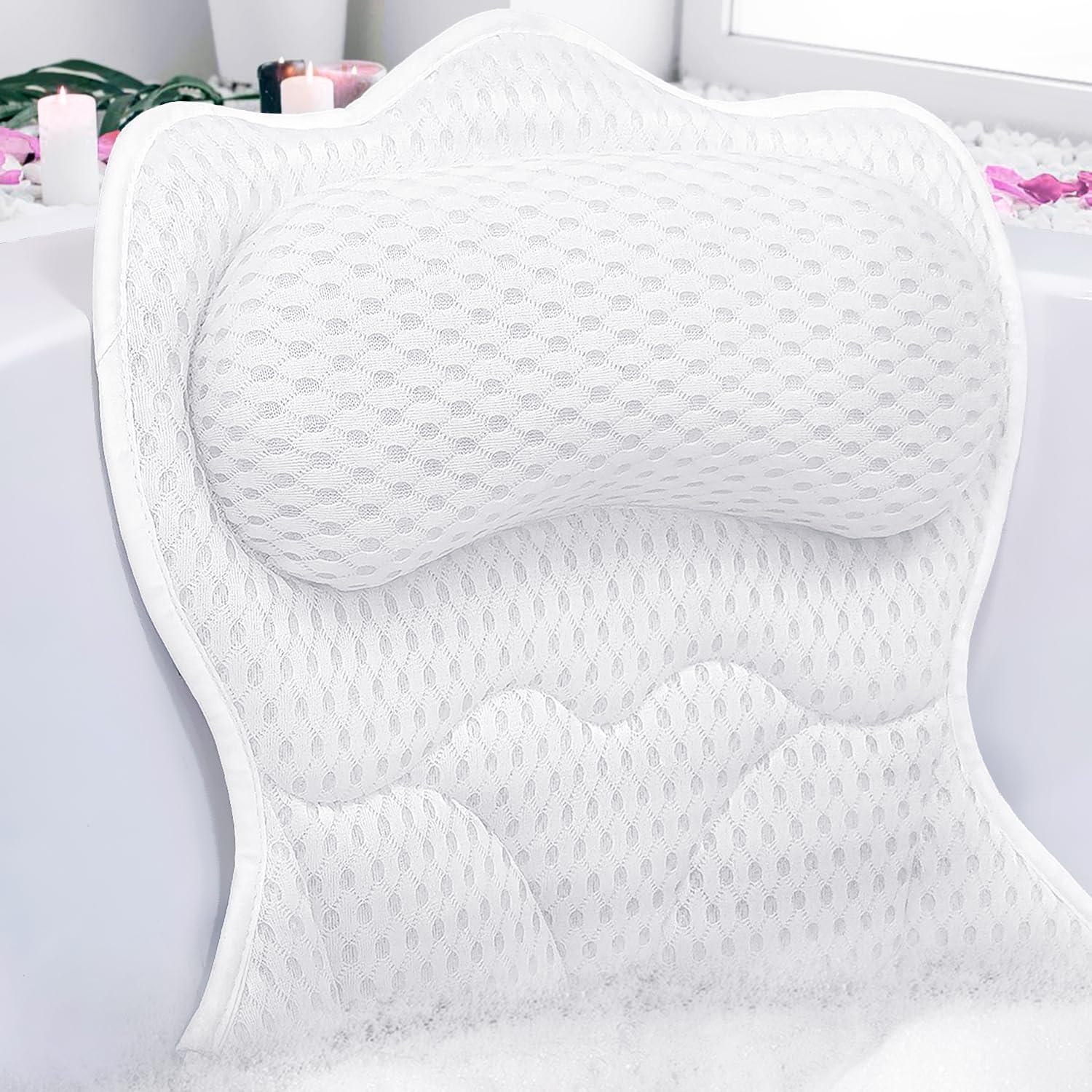 REEZEIVI Bath Pillows for Tub,Bath Pillow with 6 Non-Slip Suction Cups,Soft 4D Mesh Fabric,Bathtub Pillows for Tub Neck and Back Support,Extra Thick Luxury Bathtub Pillows,White