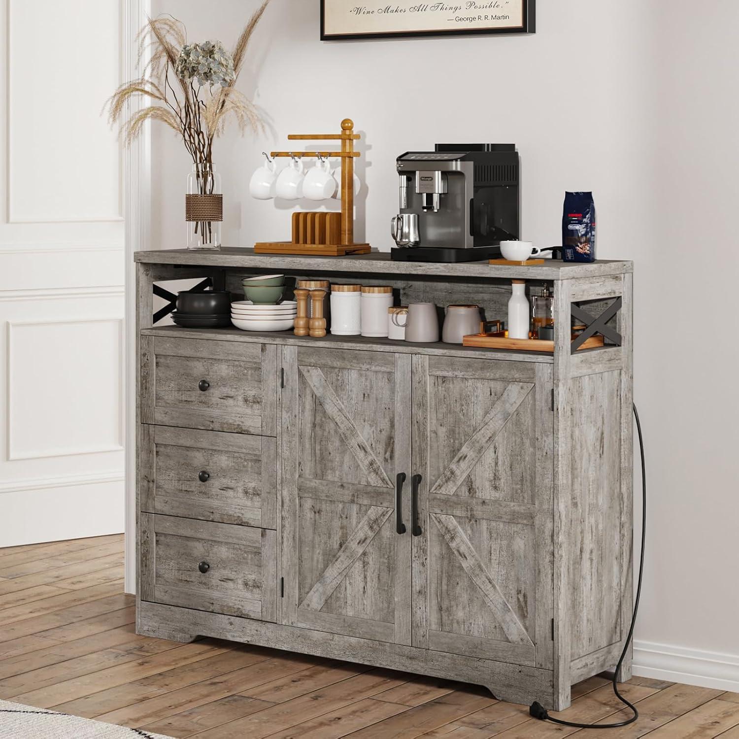 47" Distressed Grey Farmhouse Storage Cabinet with Doors & Drawers, Sideboard Buffet Cabinet with Storage, Kitchen Pantry Hutch, Coffee Bar Station Table for Kitchen, Living Room, Dining Room