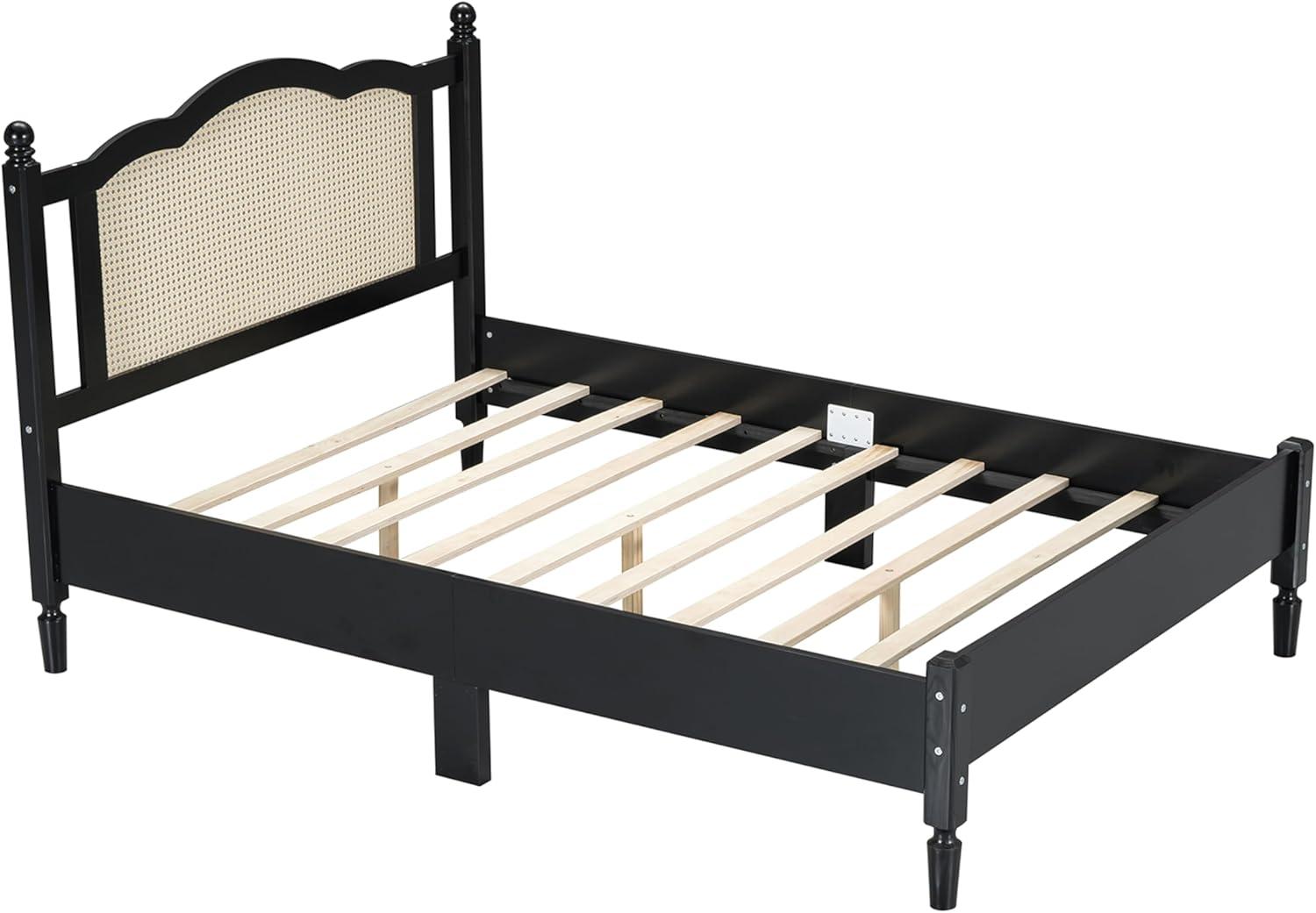 Wooden Platform Bed with Natural Rattan Headboard, Full Size Platform Bed with Wooden Slat Support, Vintage Rattan Bed Frame, No Box Spring Needed (Black,Full,233)