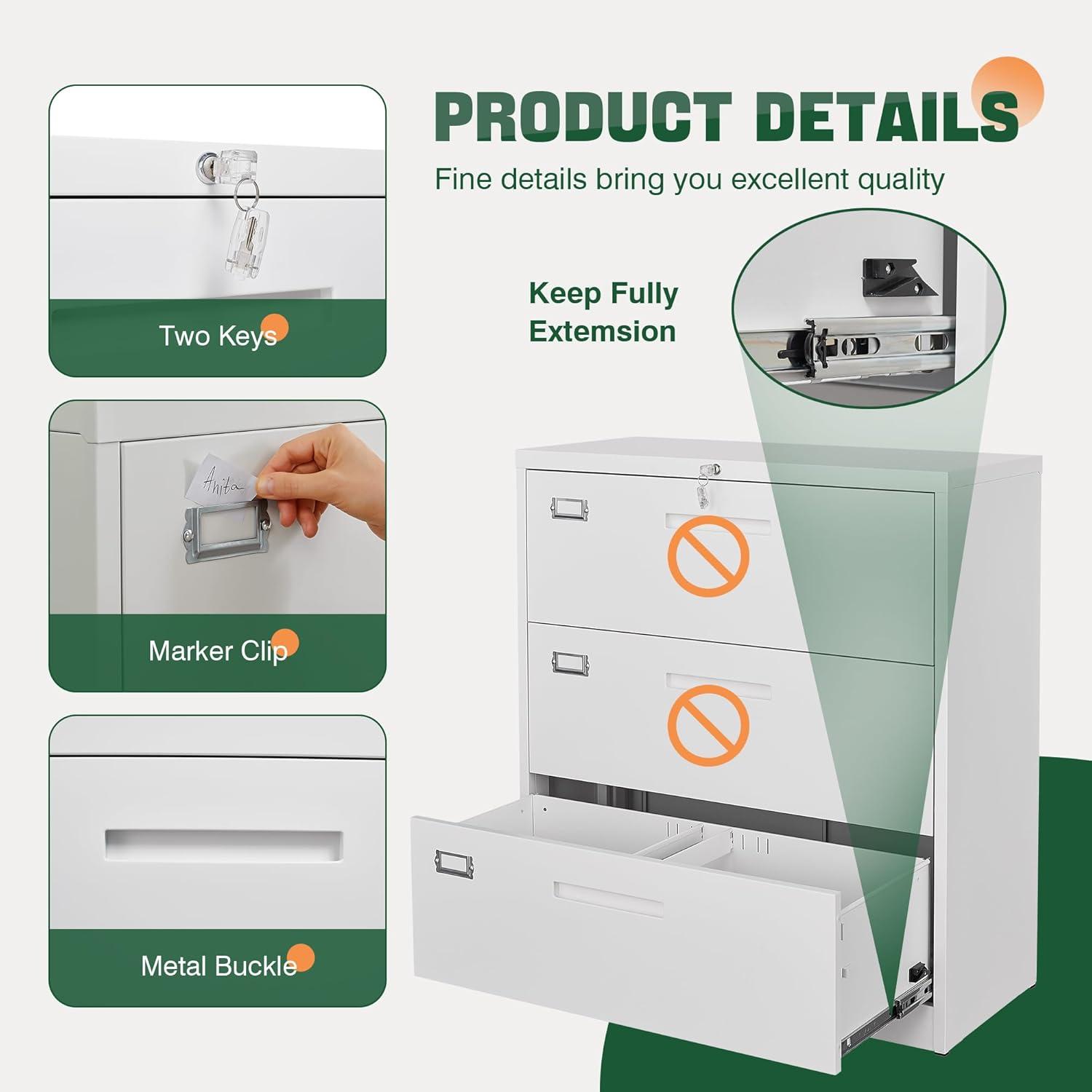 Lateral File Cabinet 3 Drawer,Metal Storage File Cabinet with Lock,Steel Lateral File Cabinet for Legal/Letter A4 Size,Wide File Cabinet for Office Home,Assembly Required