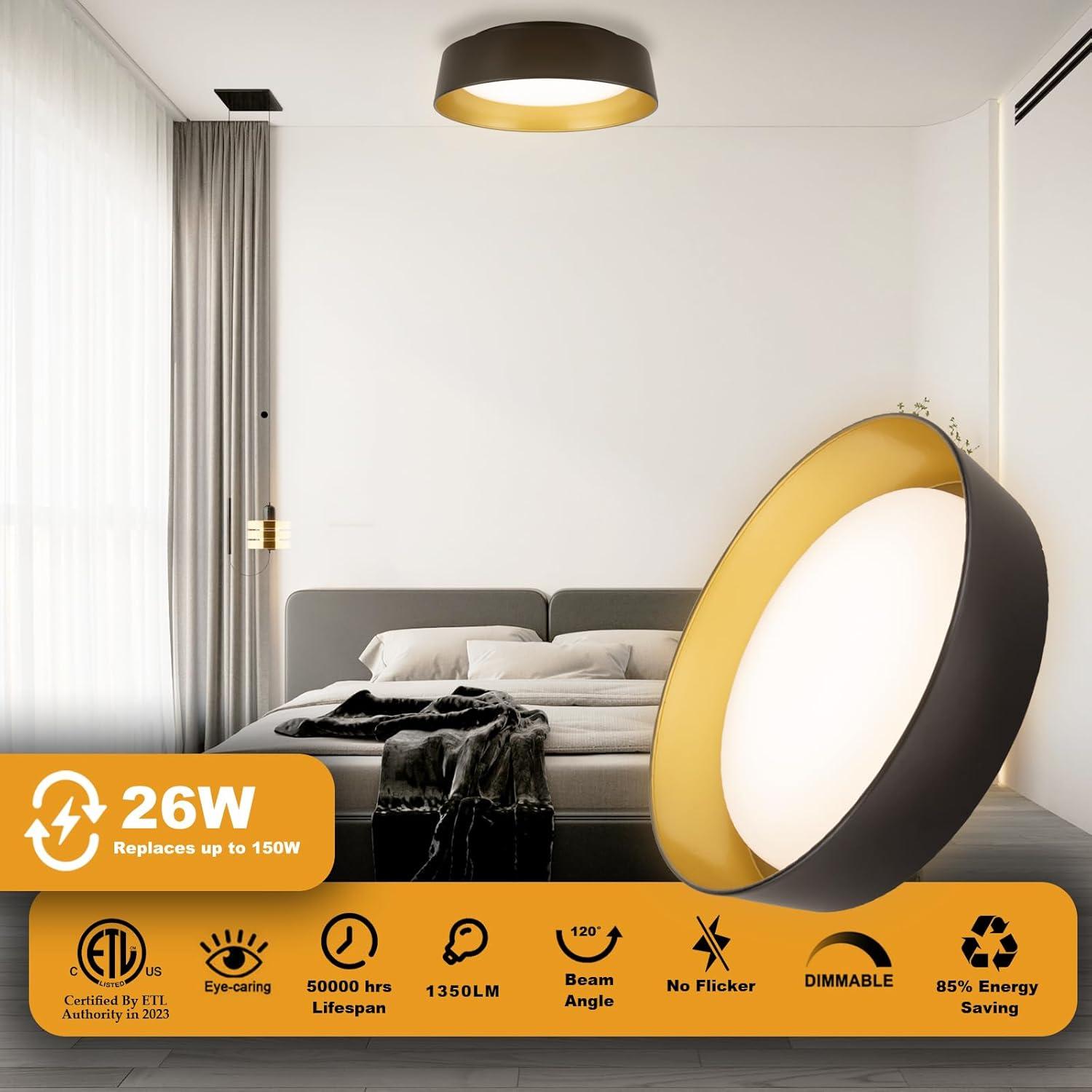 12.5 Inch Black and Gold LED Flush Mount Ceiling Light