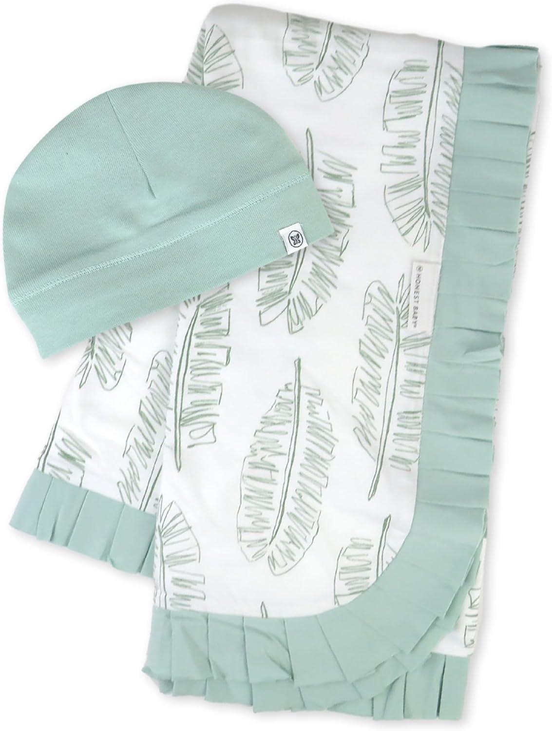 Sage Organic Cotton Baby Blanket and Beanie Set