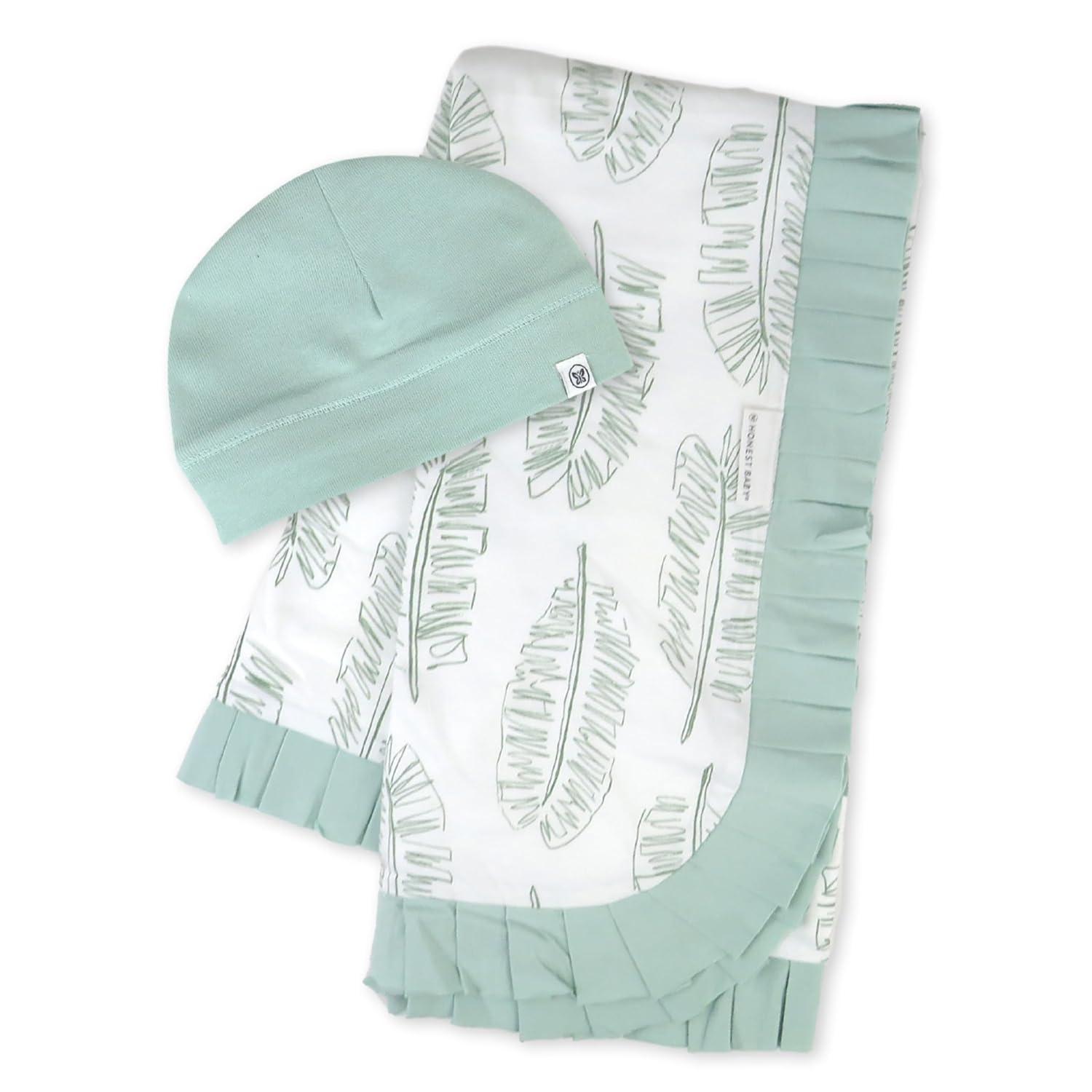 Honest Baby Clothing Organic Cotton Boy/Girl 2-Piece Stroller Blanket and Beanie Hat Gift Set, Sage