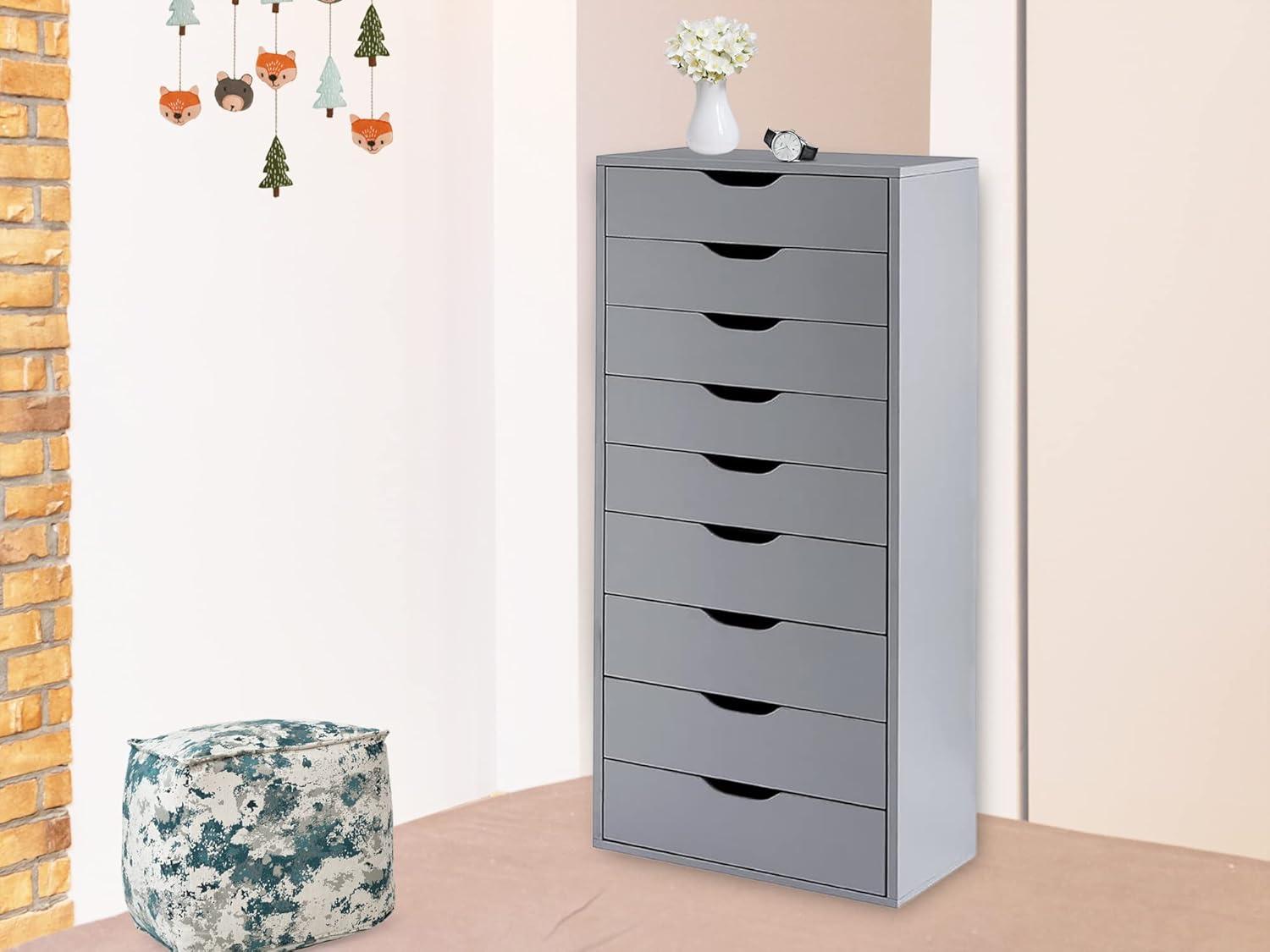 9 Drawer Dresser, Tall Dressers for Bedroom, Kids Dresser with Storage Shelves with Drawers, Small Dresser for Closet, Makeup Dresser with 200 lbs Capacity - Grey