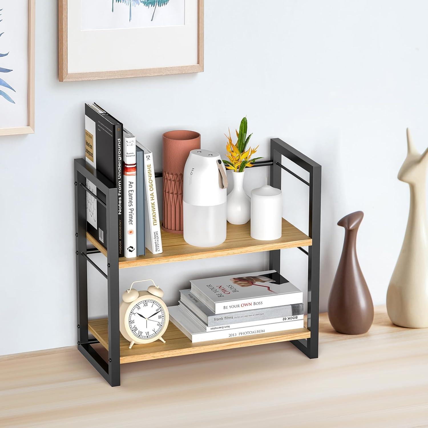 Black and Natural Wood 2-Tier Office Desk Shelf Organizer