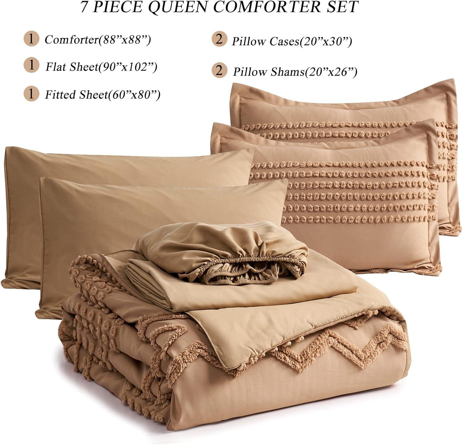 Tufted Comforter Set 7 Piece Bed in a Bag Khaki - Queen