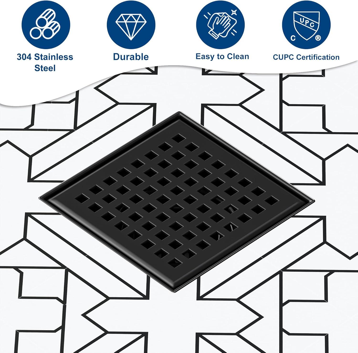 Neodrain 6-Inch Square Shower Drain with Removable Quadrato Pattern Grate,Brushed 304 Stainless Steel, with Watermark&CUPC Certified,Black