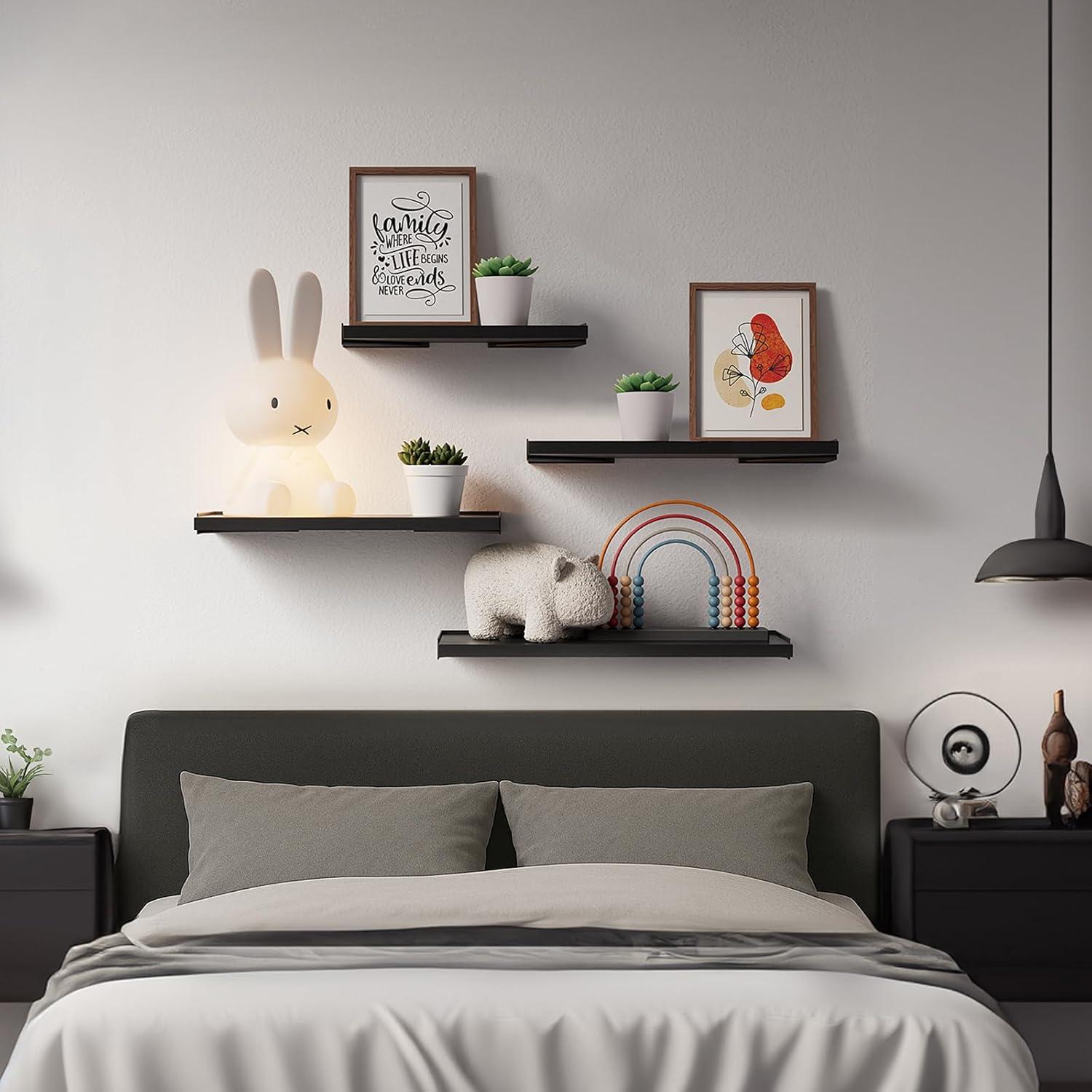 BAYKA Wall Mounted Floating Shelves, Wood Floating Wall Shelf for Books & Decor, Small Space-Saving Display & Organizer（Black，Set of 3）