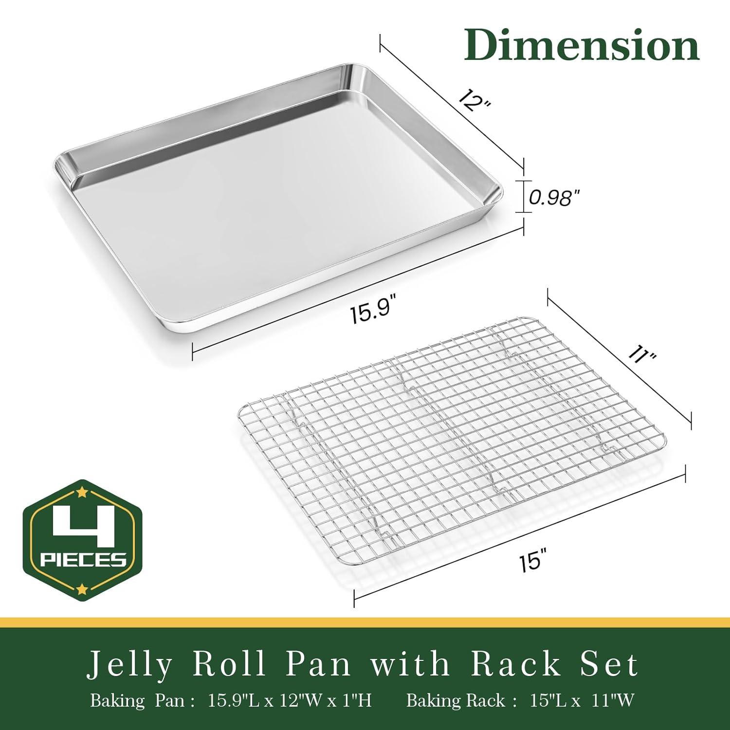 Baking Sheet with Wire Rack, Stainless Steel Cookie Sheet Pan Set, Non Stick Baking Pans with Cooling Rack for Oven Cooking, 15.9 x 12 x 1 inch 4 Pcs