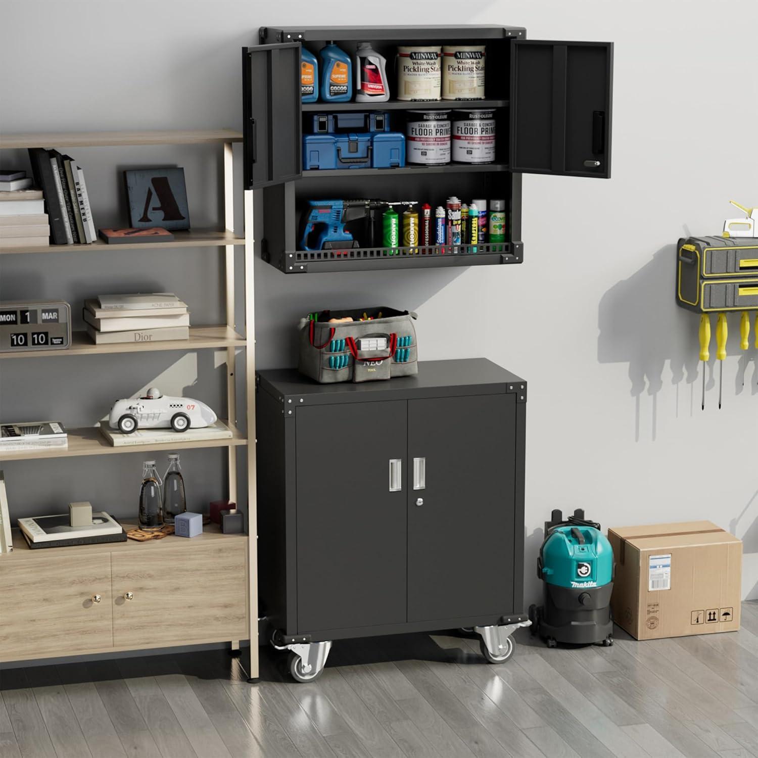 AOBABO 72 Inch Locking Metal Garage Storage Cabinet with Universal Rubber Wheels with Lockable Casters, Pegboards, and Magnetic Doors, Black