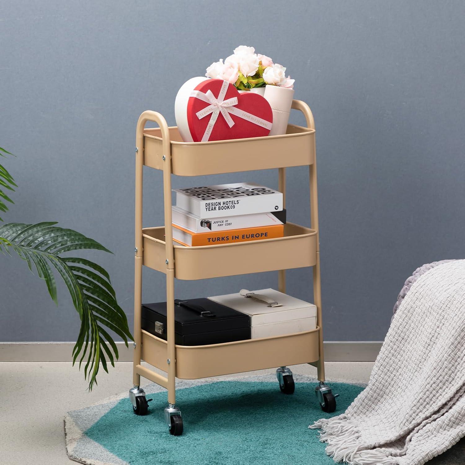 ZUNMOS 3 Tier Utility Rolling Cart, Metal Mobile Storage Cart with Lockable Caster Wheels, Storage Shelves Organizer Cart for Livingroom, Bathroom, Kitchen, & Narrow Places, White