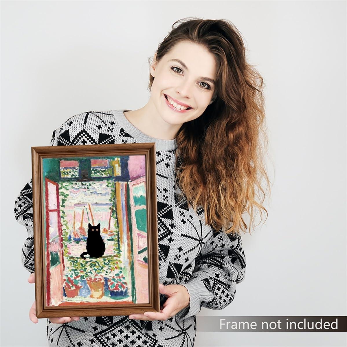 Henri Matisse Oil Paintings on Canvas Wall Art Matisse Famous Open Window Black Cat Poster Funny Cat Floral Print Colorful Farmhouse Gallery Aesthetic Room Decor for Bedroom Bathroom 12x16in Unframed