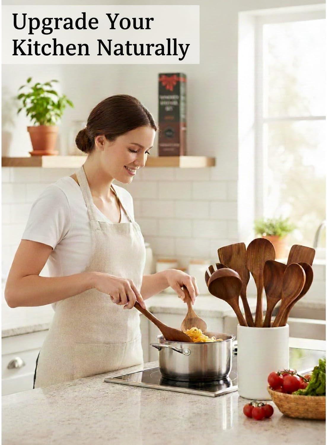 Wooden Spoons for Cooking, 10 Pcs Teak Wood Cooking Utensil Set ‚ Wooden Kitchen Utensils for Nonstick Pans & Cookware ‚ Sturdy, Lightweight & Heat Resistant