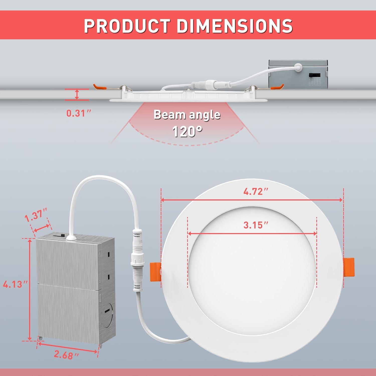 PARMIDA (6 Pack) 4 Inch Ultra-Thin LED Recessed Ceiling Light with Junction Box, 5CCT Color Selectable 2700K/3000K/3500K/4000K/5000K, 12W, Dimmable Canless Wafer Slim Panel Downlight, IC Rated, ETL