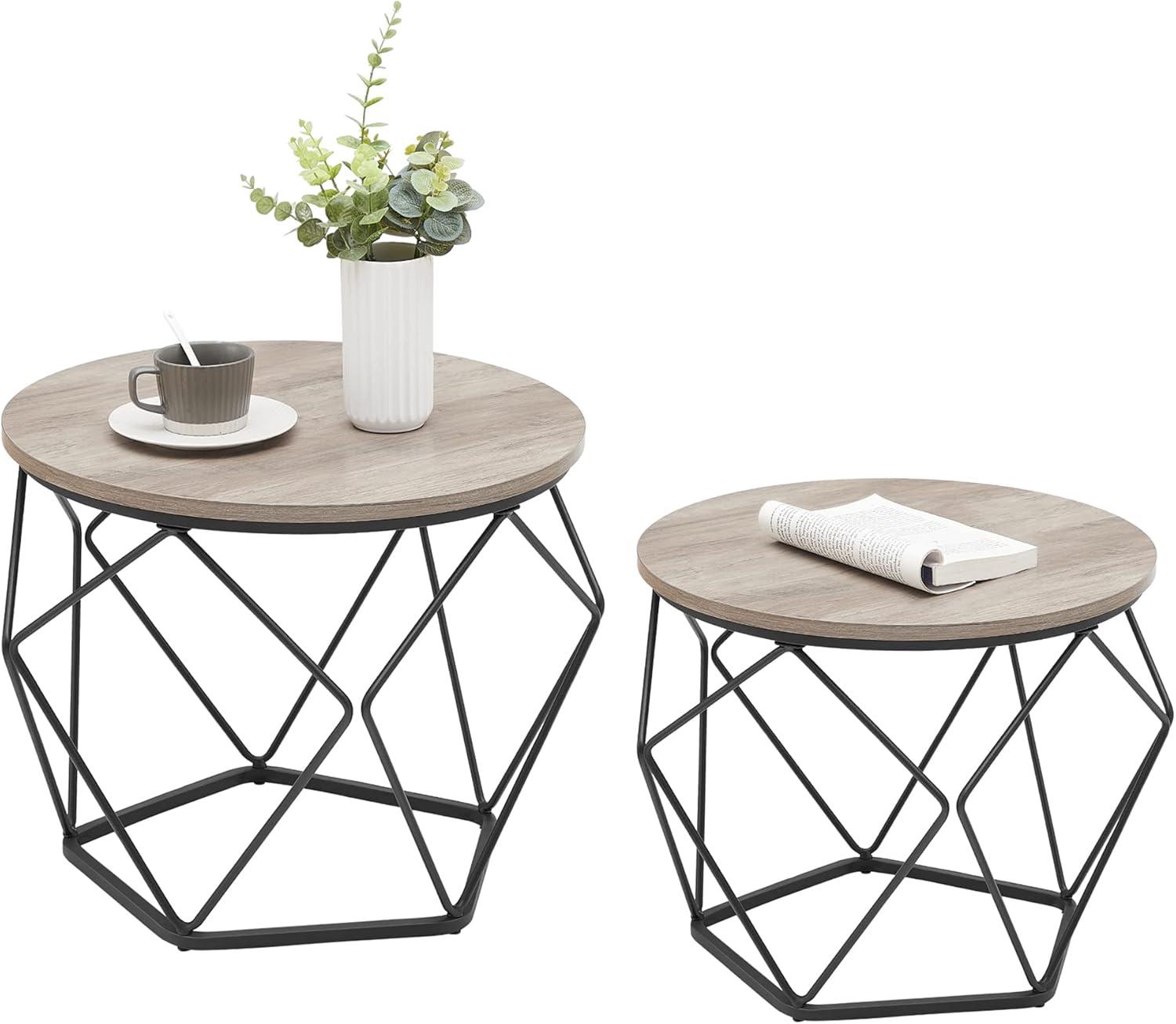 Greige and Black Round Wood Metal Nesting Coffee Tables