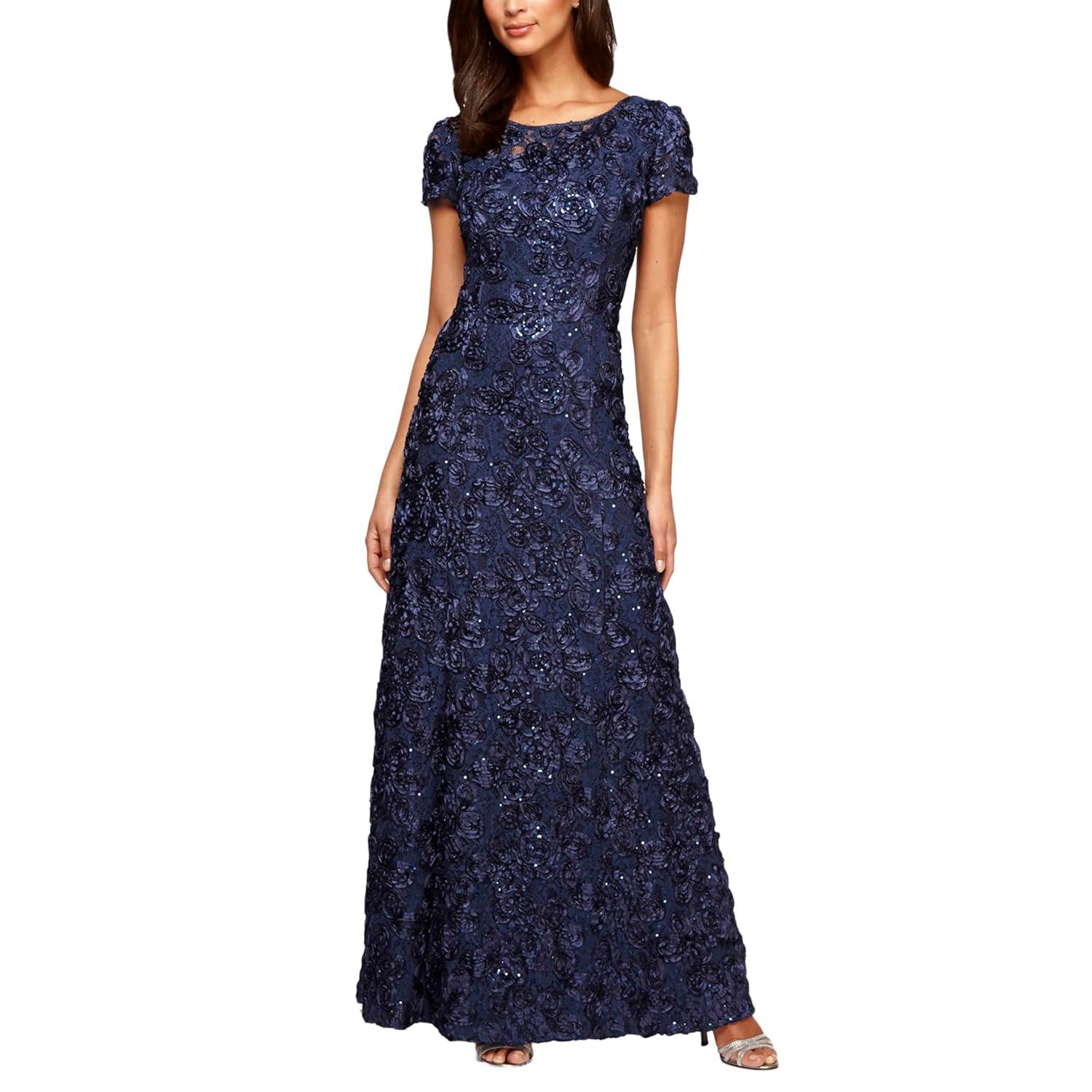 Navy Floral Lace Sequin Maxi Dress with Short Sleeves