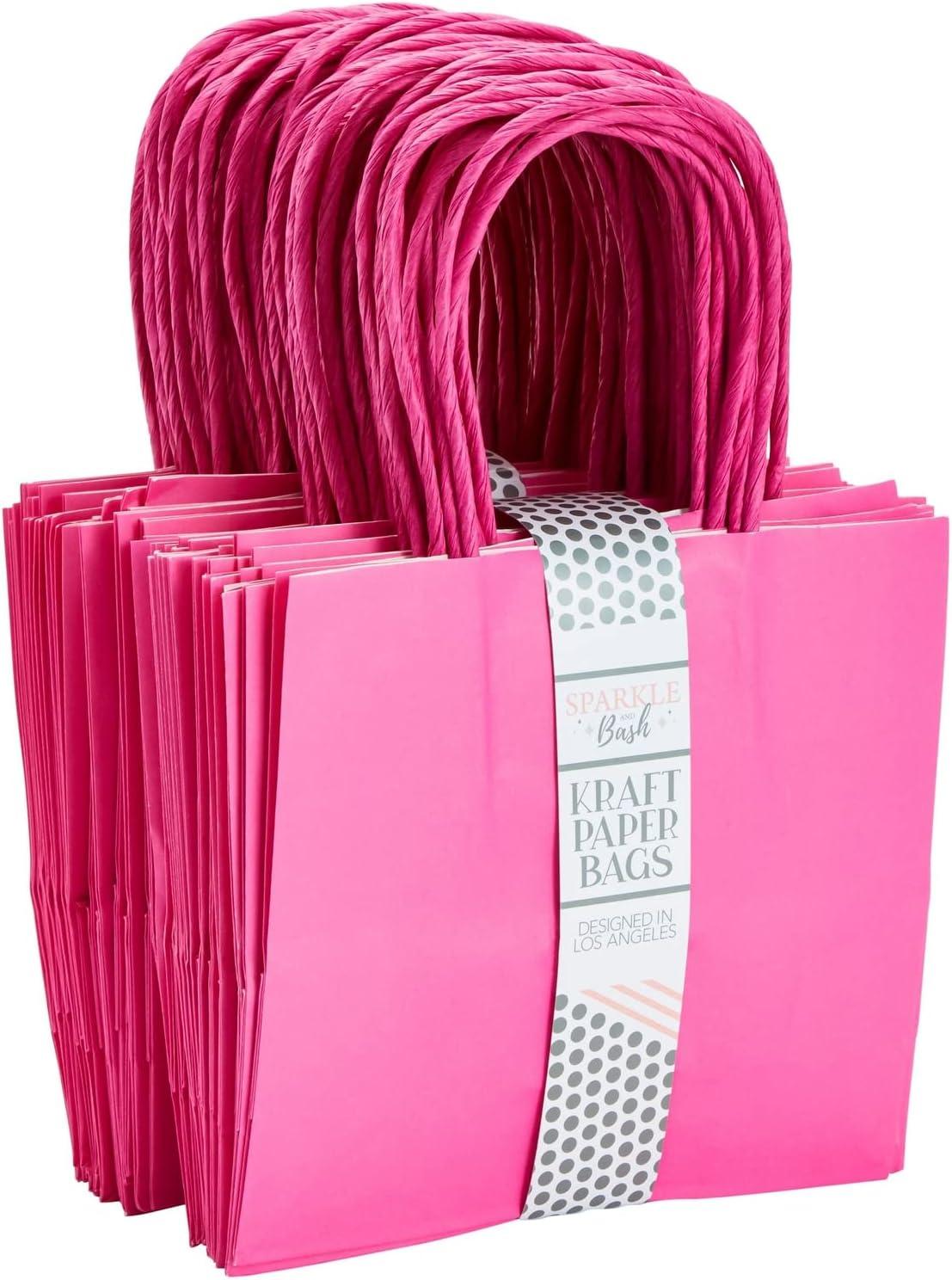 Sparkle and Bash 50 Pack Mini Pink Gift Bags with Handles, Bulk Kraft Party Favor Bags, 6 x 5 x 2.5 in