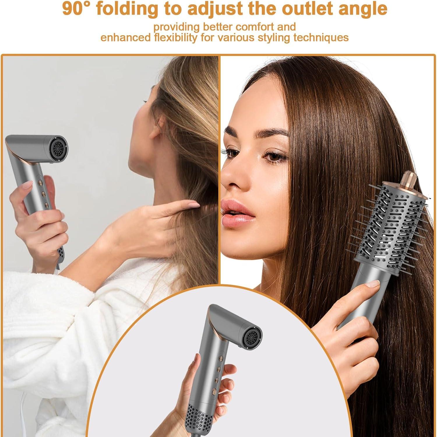 Dryhsip 5-in-1 Foldable Hair Dryer Brush, Ionic Hot Air Styler for Curling/Straightening/Volumizing, 3 Heat/Speed Settings, Travel-Friendly, Gray