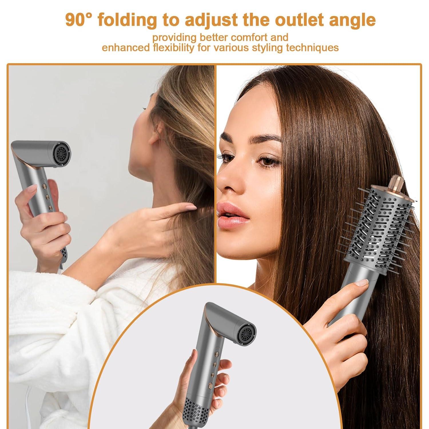 Dryhsip 5-in-1 Foldable Hair Dryer Brush, Ionic Hot Air Styler for Curling/Straightening/Volumizing, 3 Heat/Speed Settings, Travel-Friendly, Gray