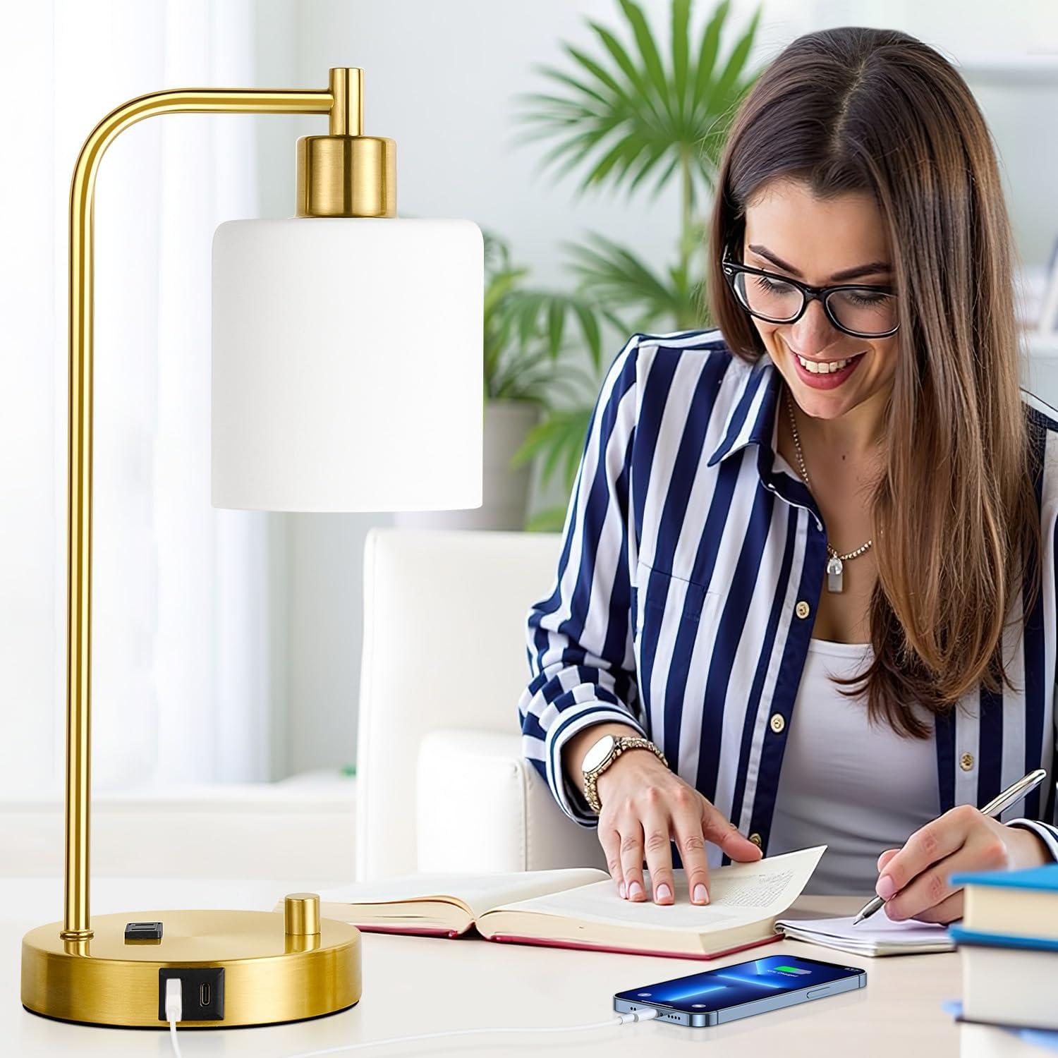 【Upgraded】Set of 2 Industrial Table Lamps with 2 USB Port, Fully Stepless Dimmable Bedside Lamps for Bedroom, Nightstand Desk Lamps with Glass Shade for Bedroom Living Room Office 2 LED Bulb Included