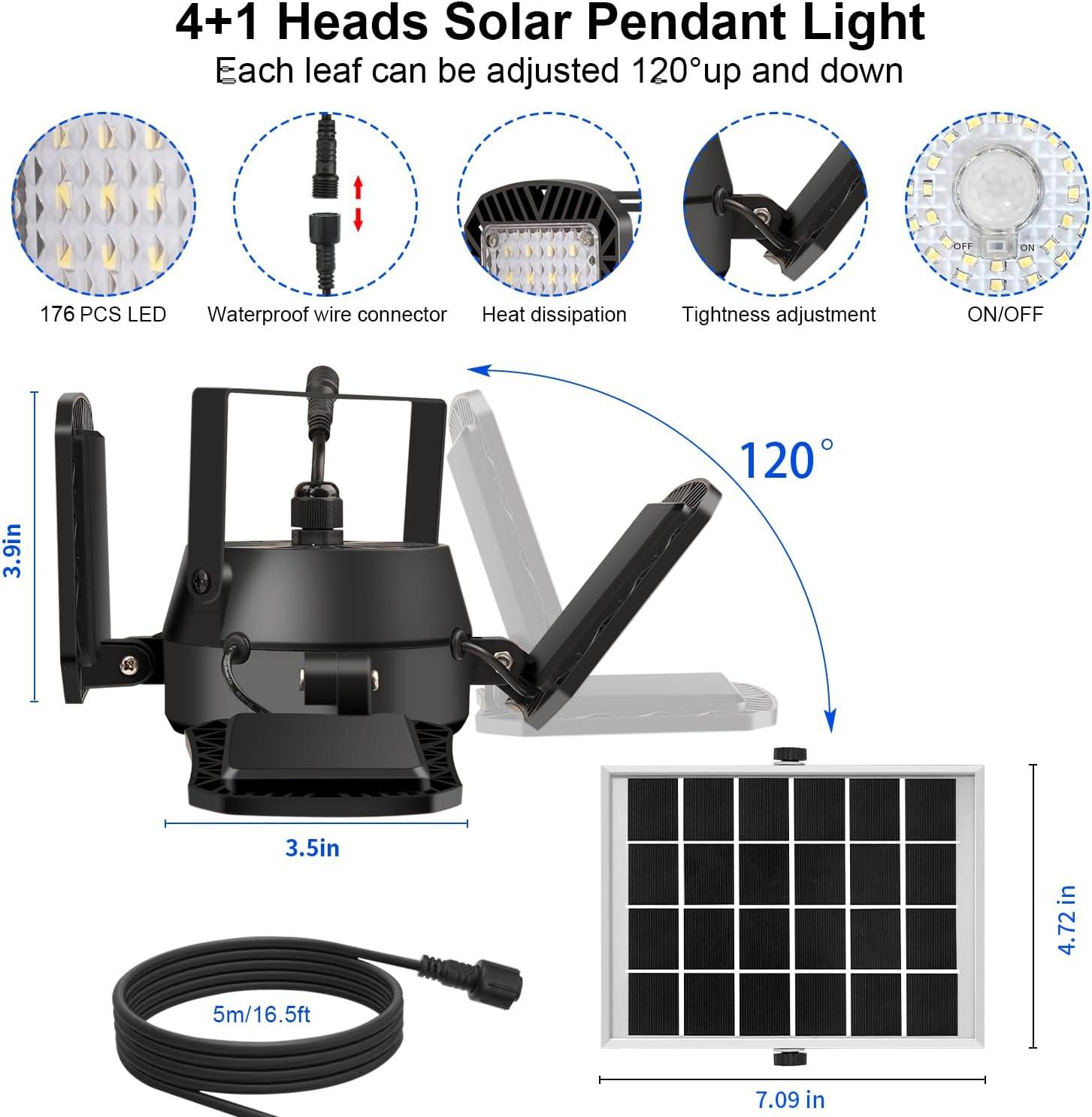 Auzev Solar Shed Light Indoor Outdoor Upgrade 176 LED 4 and 1 Heads Solar Powered Motion Sensor Pandent Daytime Work Lights with 4 Modes Remote Control Security lamp for Garage Gazebo Barn