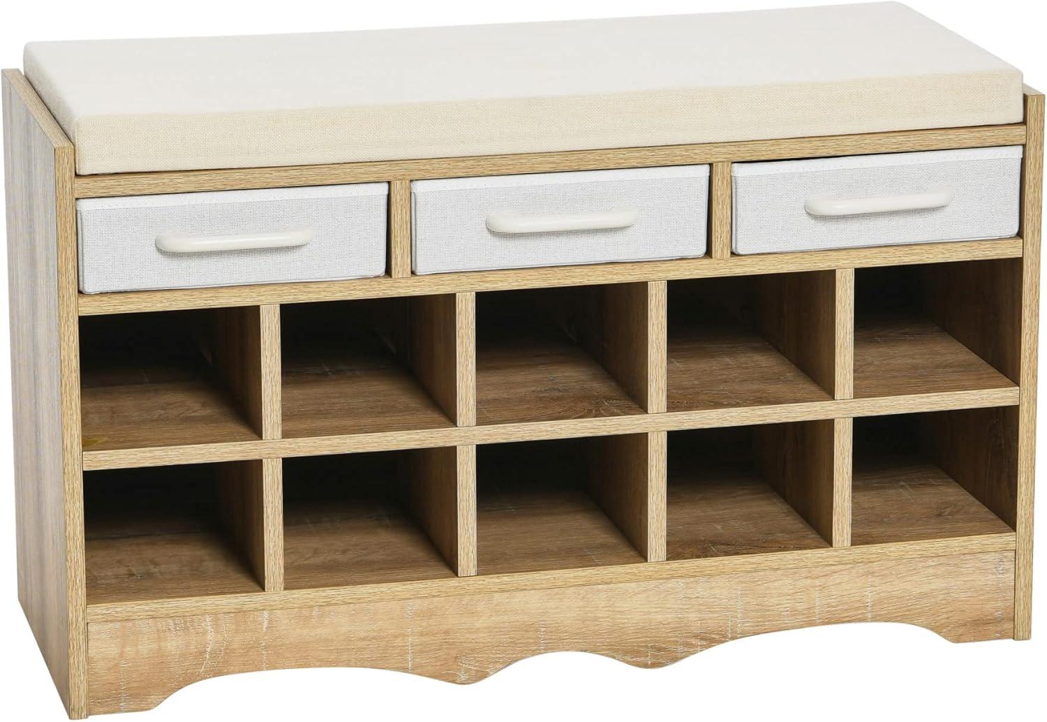 Household Essentials Entryway Storage Bench with 3 Beige Drawers 10 Shoe Compartments and Cushioned Seat in Coastal Oak Rustic Wood Grain