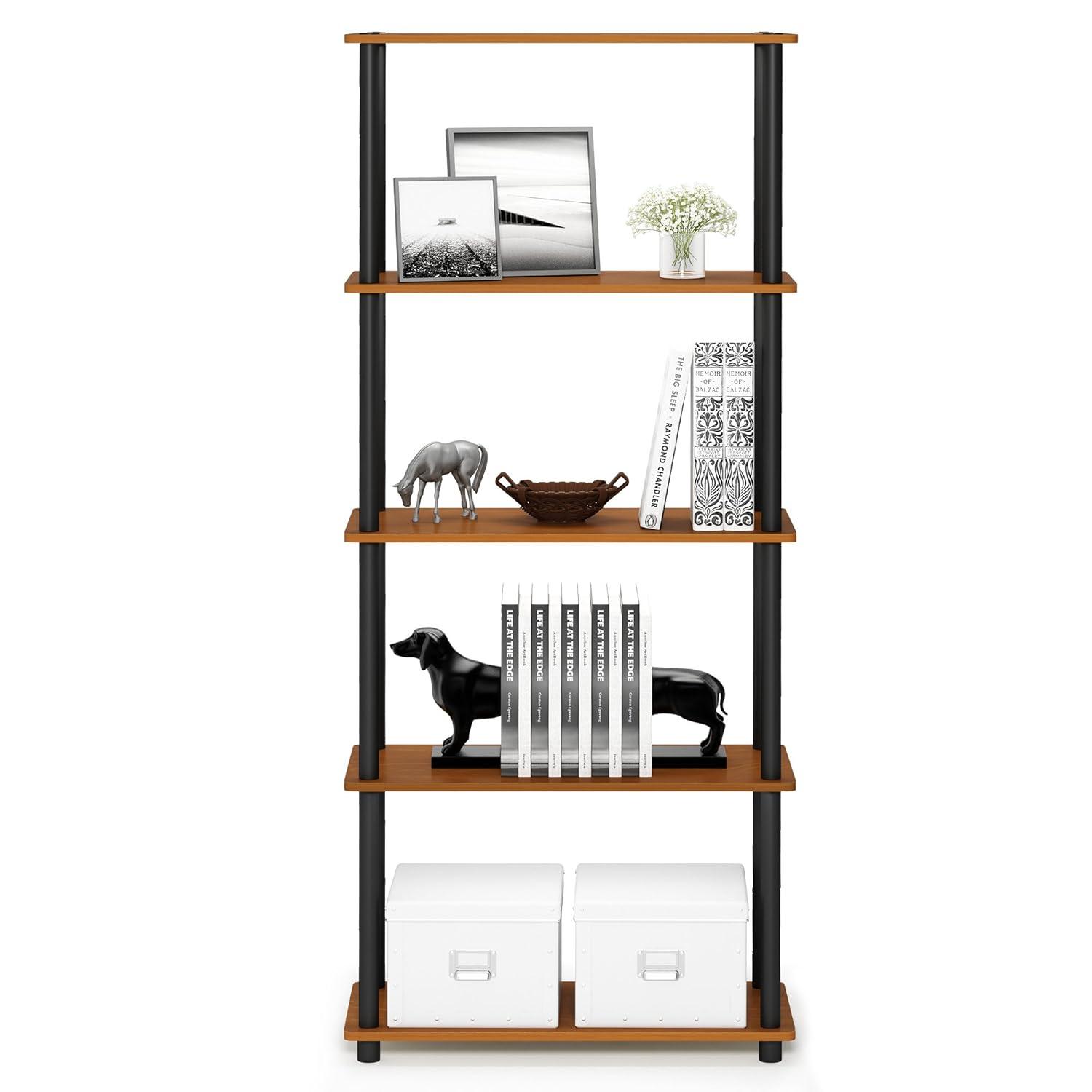 Furinno 5-Tier Tall Decorative Bookshelf Storage Bookcase Open Multipurpose Shelves Display Rack for Living Room&Home Office,Light Cherry/Black