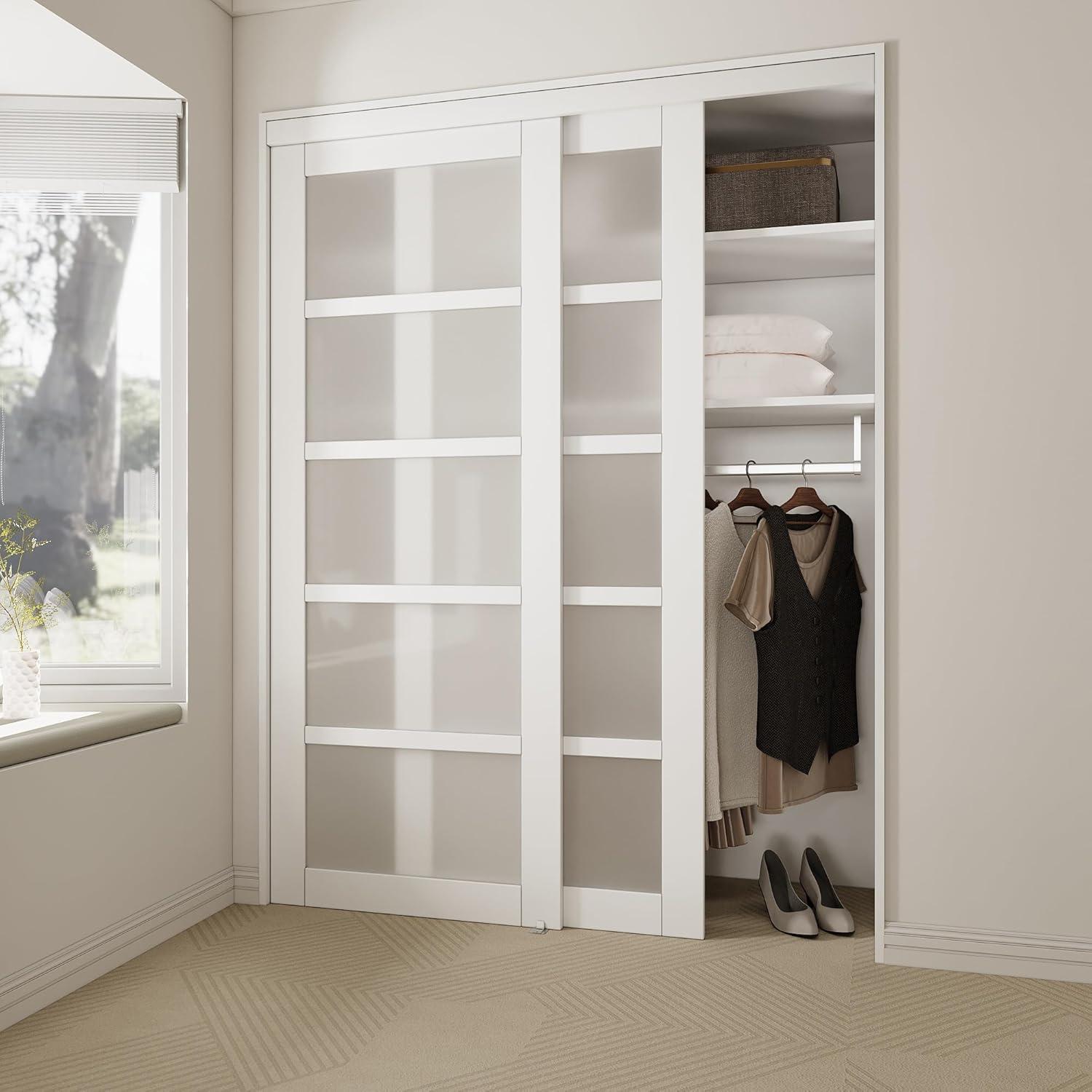 JUBEST 5-Lite Frosted Glass Sliding Closet Doors With Installation Hardware Kit