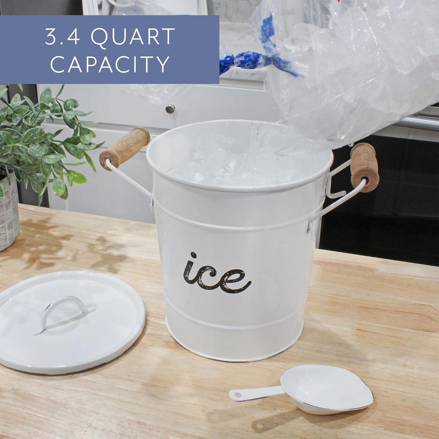 AuldHome Design White Farmhouse Enamelware Ice Bucket; Rustic Style Insulated Ice Server